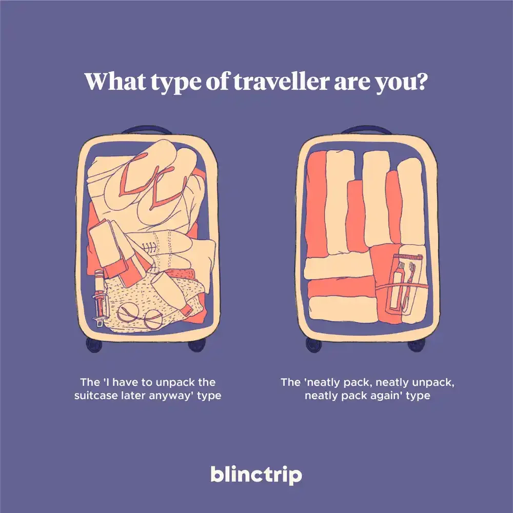 A graphic comparing two types of travel suitcase packing styles. The left suitcase is overstuffed with clothes and accessories, labeled 'The 'I have to unpack the suitcase later anyway' type.' The right suitcase is neatly packed with clothes, labeled