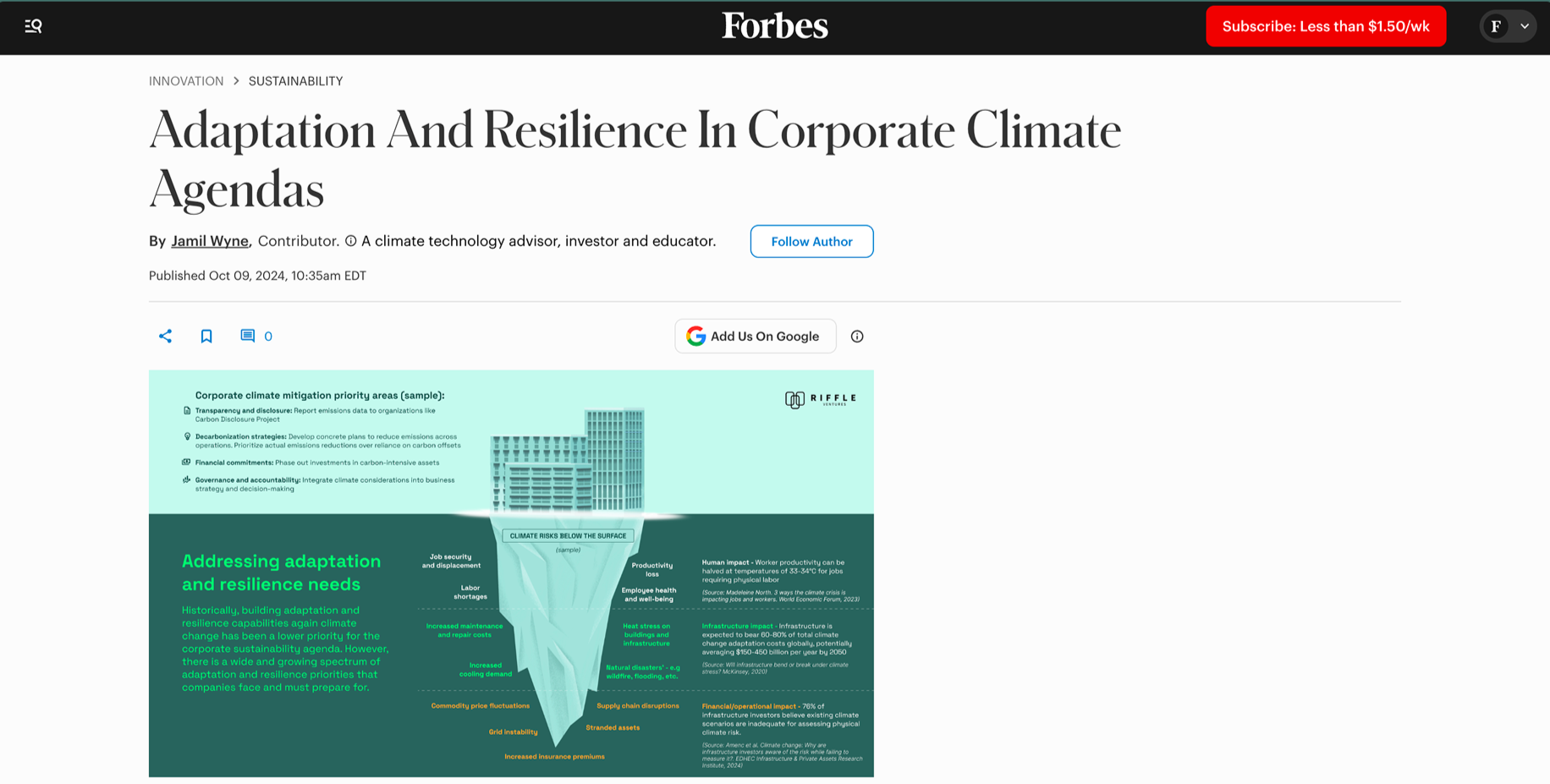 A Forbes article titled "Adaptation And Resilience In Corporate Climate Agendas" by Jamil Wyne, published on October 9, 2024, features an infographic on corporate climate mitigation priorities, displaying a funnel diagram of climate risks below the surface and addressing adaptation and resilience needs.