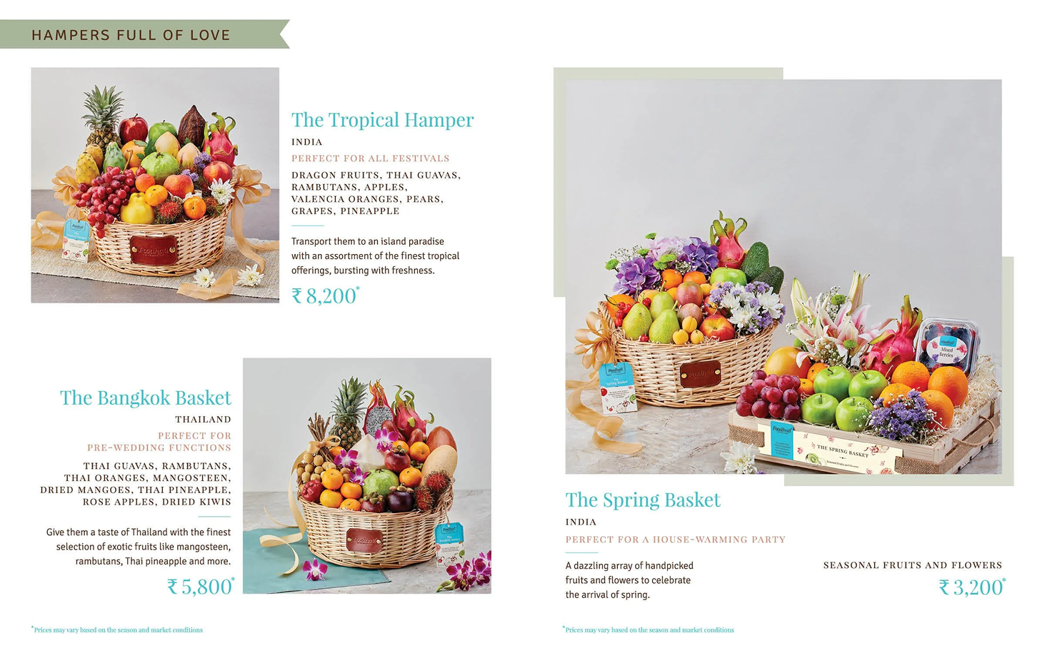 Three fruit baskets filled with tropical fruits, flowers, and decorative elements, displayed on a neutral background with descriptive text and pricing.