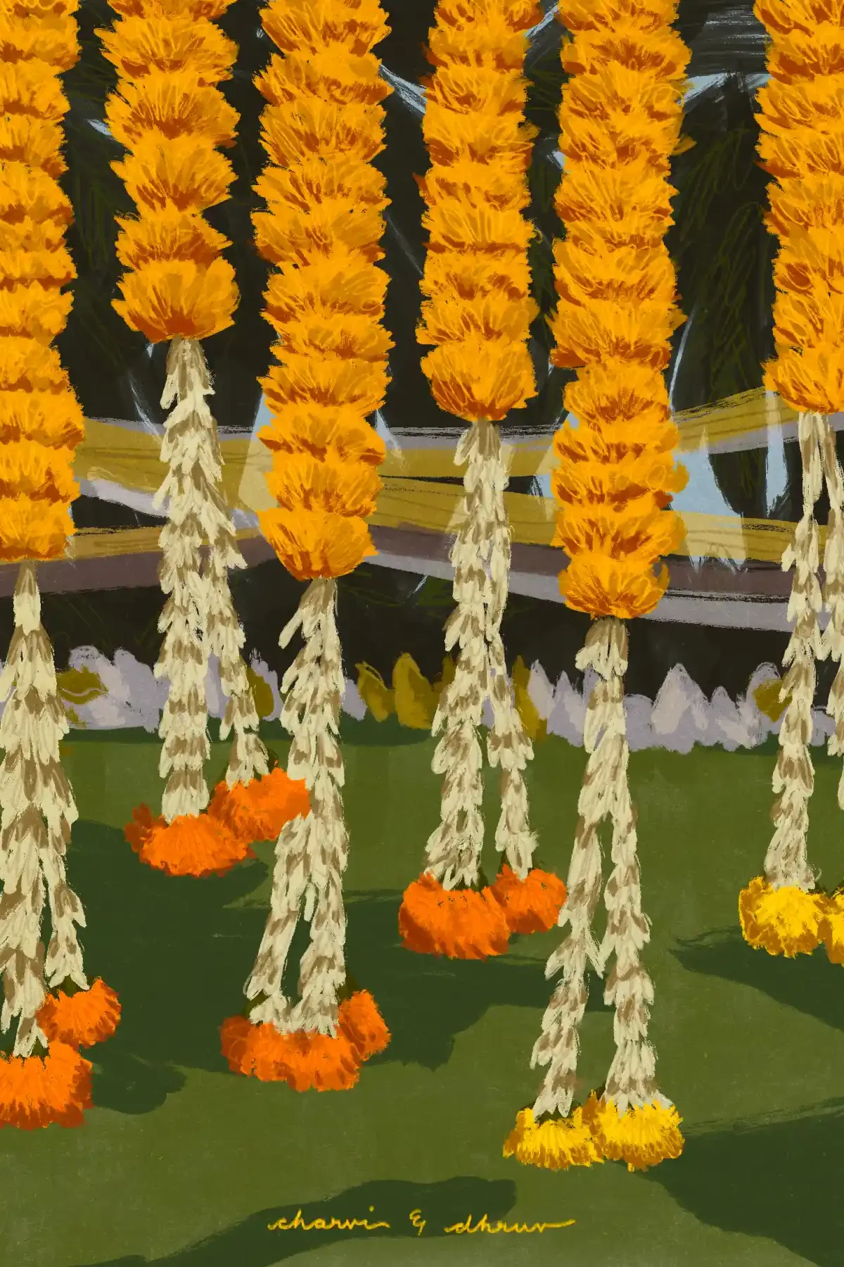 Hanging marigold flower garlands in yellow, orange, and white colors displayed outdoors. The artist's signature is at the bottom.