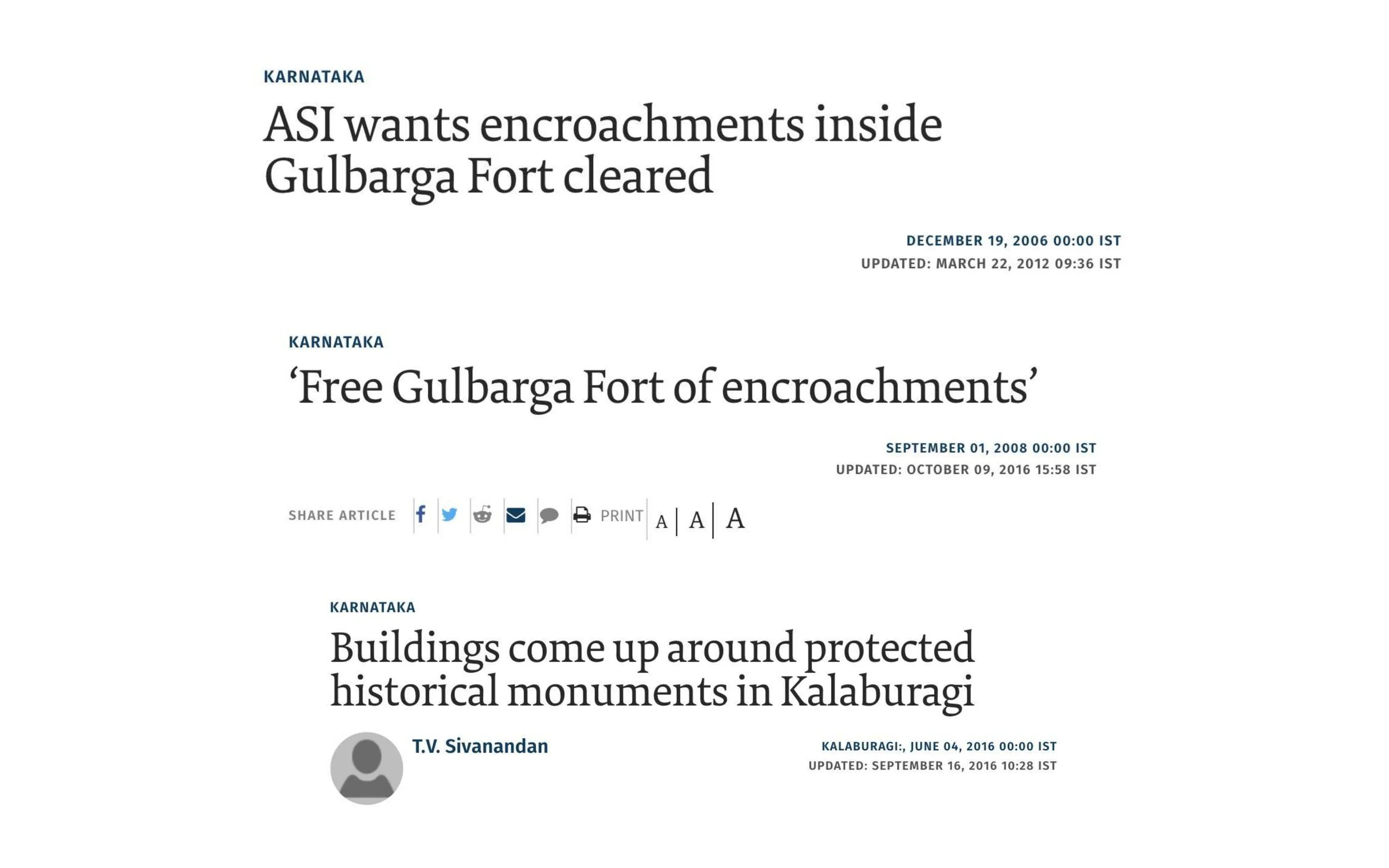 A screenshot of news headlines from Karnataka. The headlines discuss encroachments inside Gulbarga Fort, which are requested to be cleared, and the emergence of buildings around protected historical monuments in Kalaburagi.