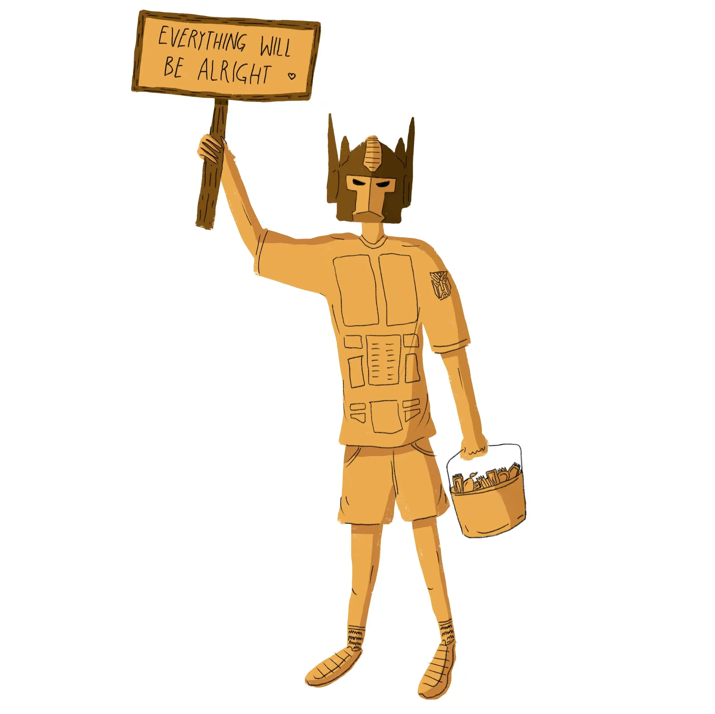 A cartoon character dressed as a soldier wearing a mask and a helmet with a crest. The character is holding a sign that says 'Everything will be alright' in one hand and a bucket of beers in the other.