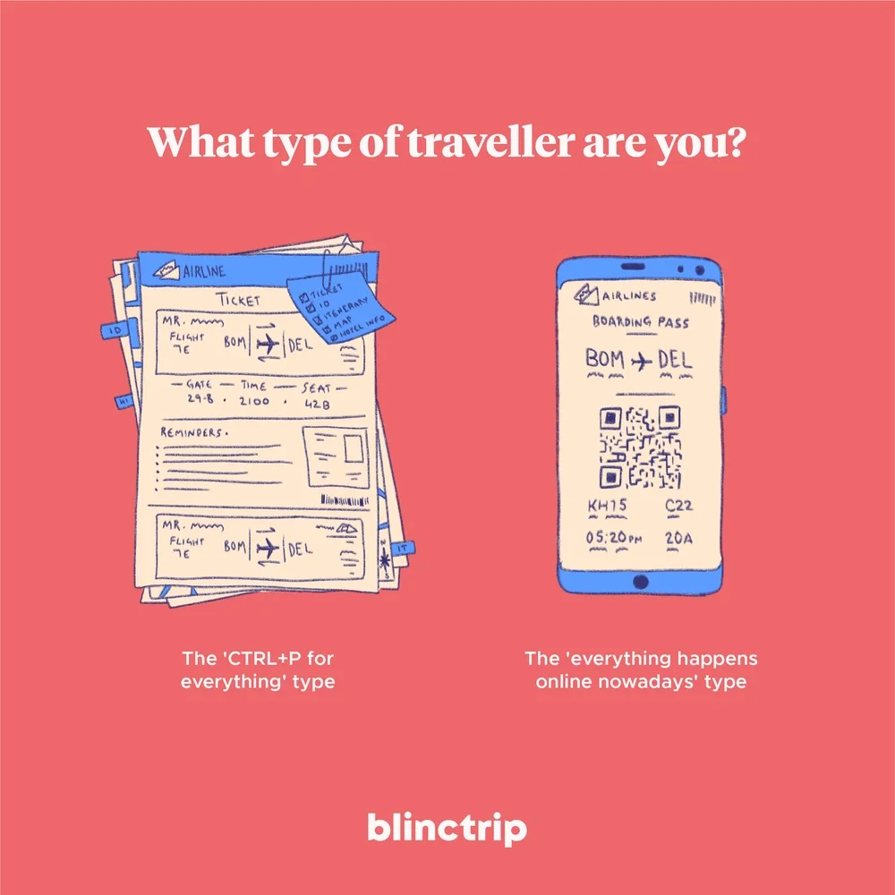 Graphic contrasting paper travel documents and a digital boarding pass, with the question 'What type of traveller are you?' at the top, and the words 'blintrip' at the bottom.