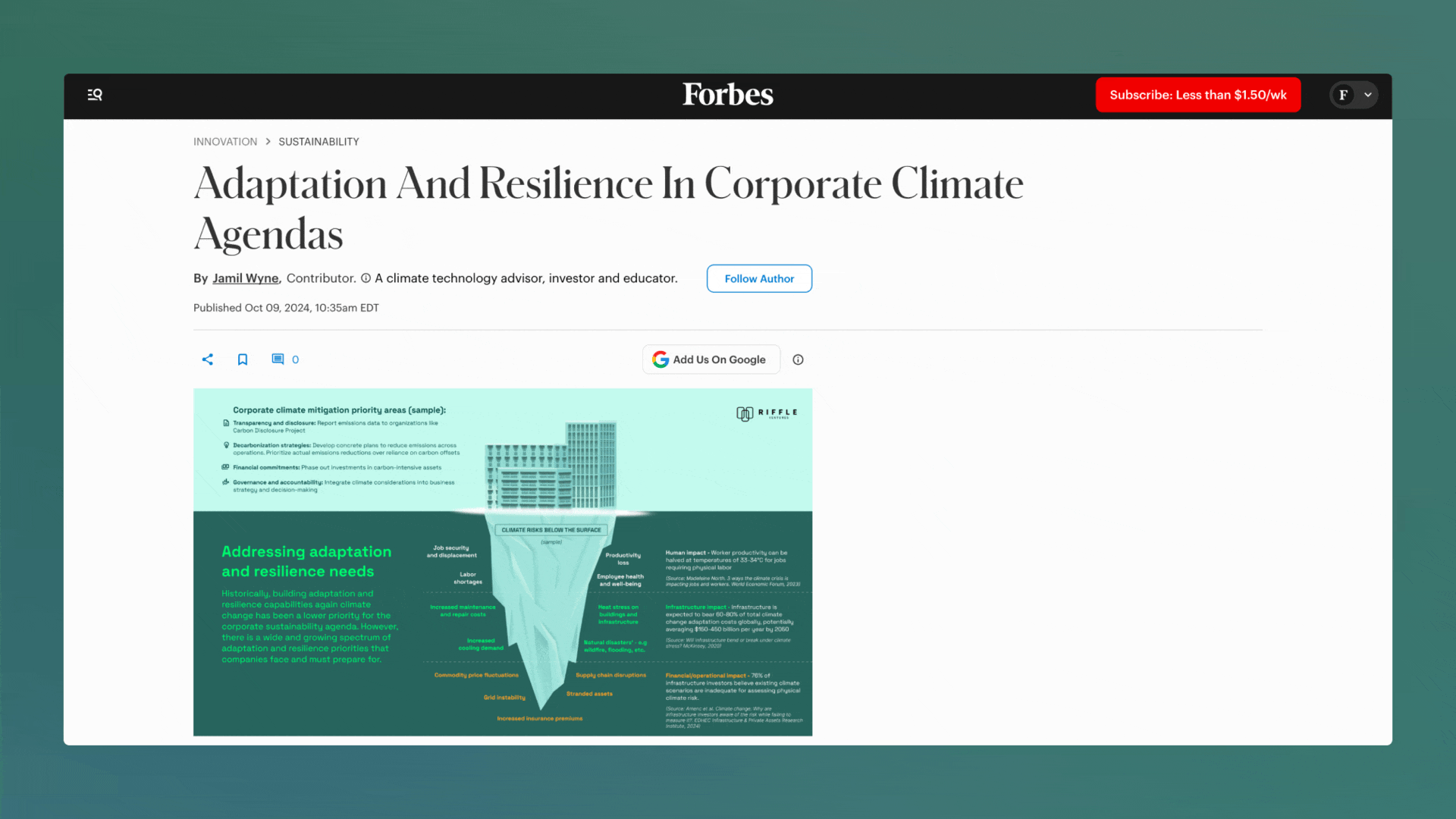 Screenshot of a Forbes article titled "Adaptation And Resilience In Corporate Climate Agendas" with an infographic about climate risk below the article text.