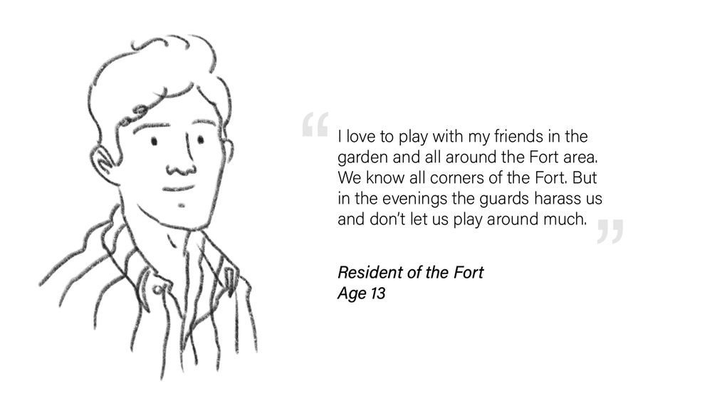 A black and white sketch of a young boy with curly hair wearing a striped shirt. Next to the drawing is a quote from him about playing in the garden and near the fort, signed as a 13-year-old resident of the fort.