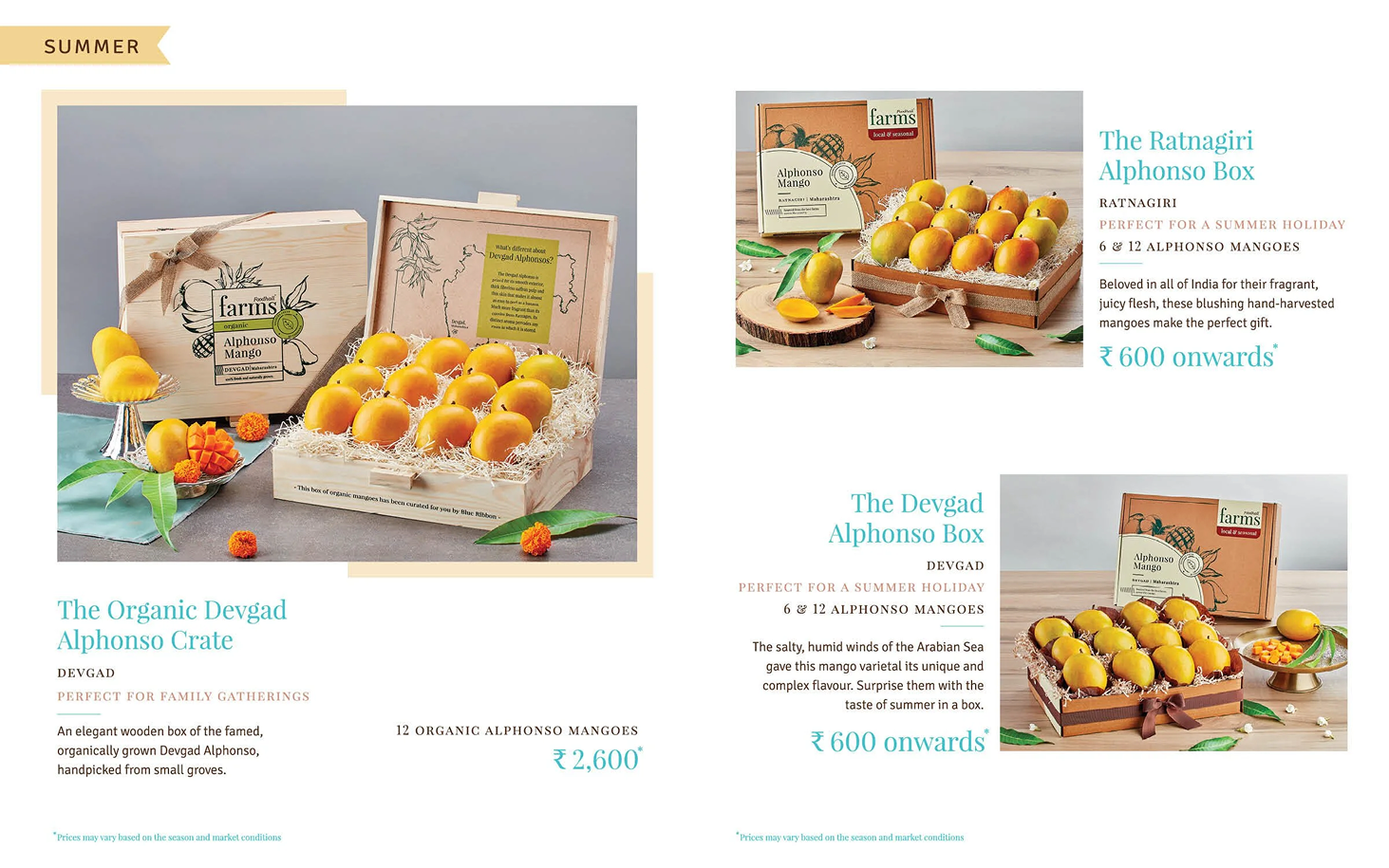 Photo of three boxes of Alphonso mangoes, with the main box open revealing mangoes nestled in straw. Two smaller boxed sets of mangoes are also shown, along with decorations and small mango-themed items.