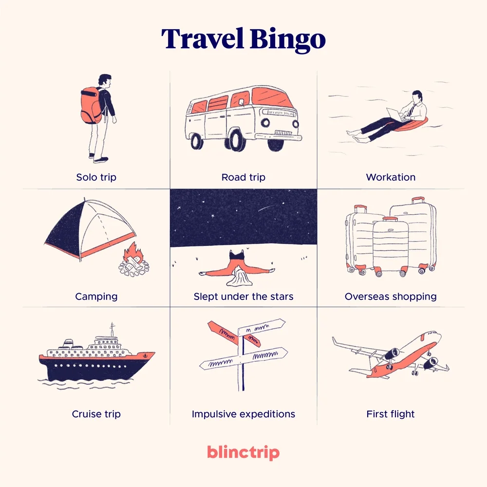 Travel Bingo chart with illustrations of different travel activities: solo trip, road trip, workation, camping, slept under the stars, overseas shopping, cruise trip, impulsive expeditions, first flight, and the blintrip logo.