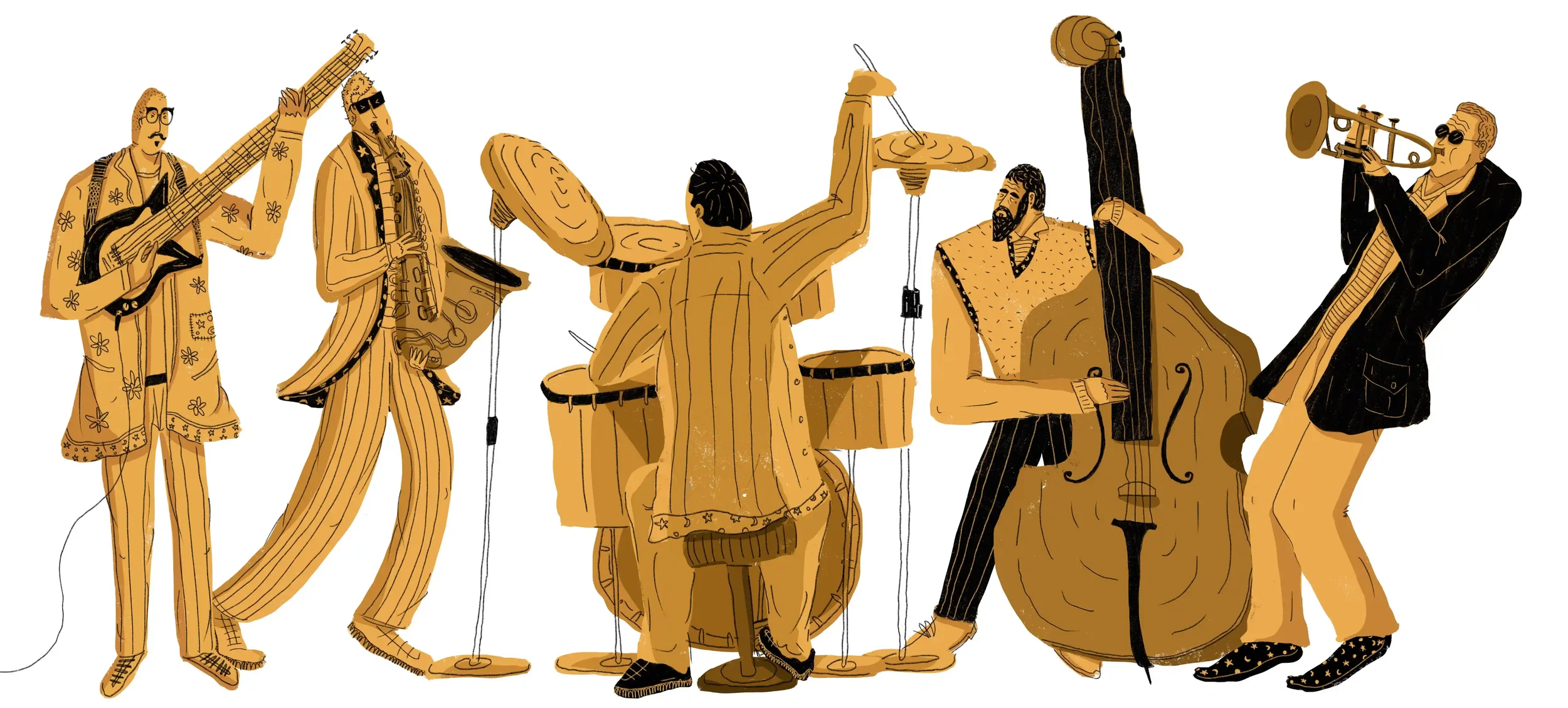 Illustration of six jazz musicians playing various instruments, including guitar, saxophone, drums, double bass, and trumpet, in shades of yellow, black, and brown.