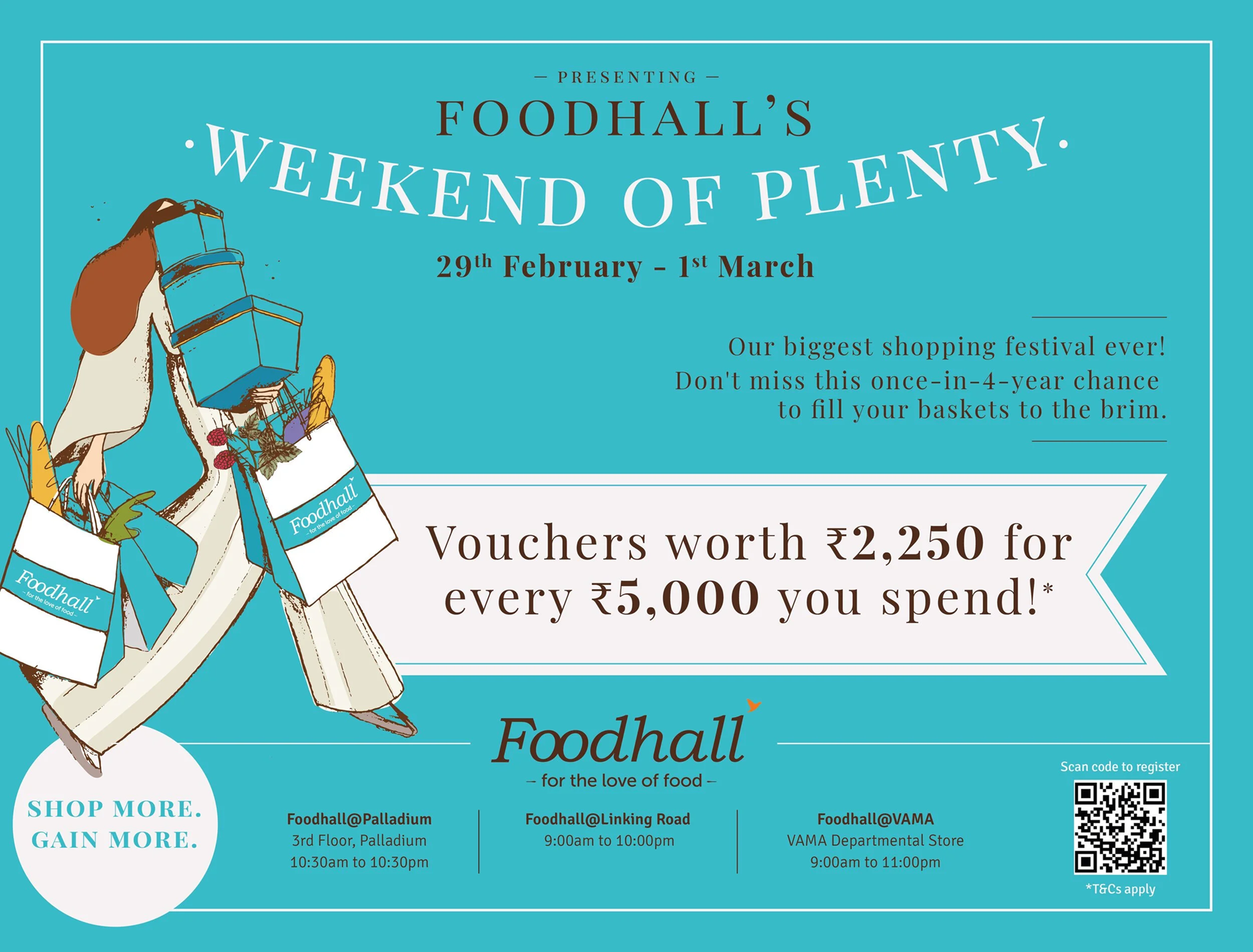 A promotional poster for Foodhall's Weekend of Plenty event, running from February 29 to March 1, featuring illustrations of people carrying shopping bags filled with groceries and a QR code for registration.