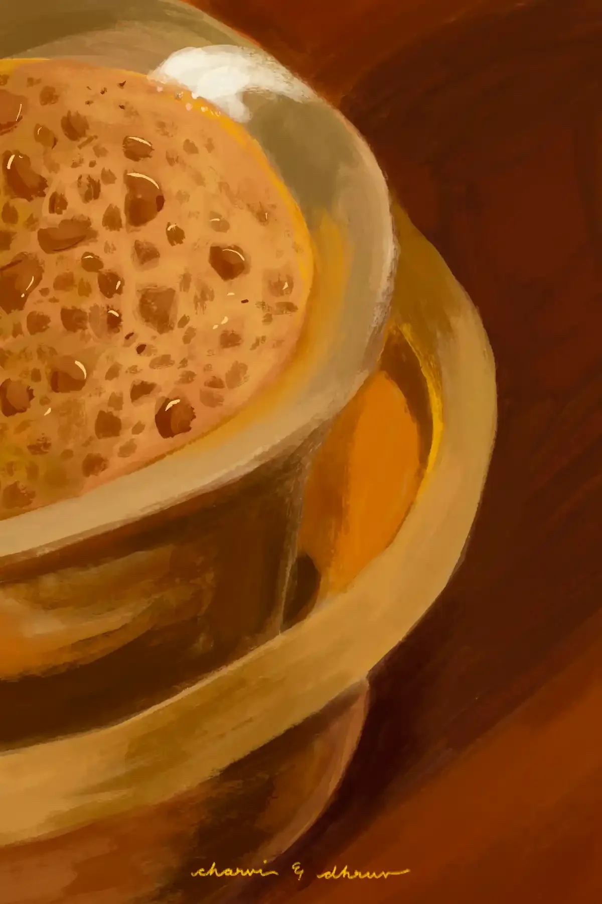 A painting of a lotus seed pod floating in water with an orange and yellow flower, and a reflection of the pod in the water.