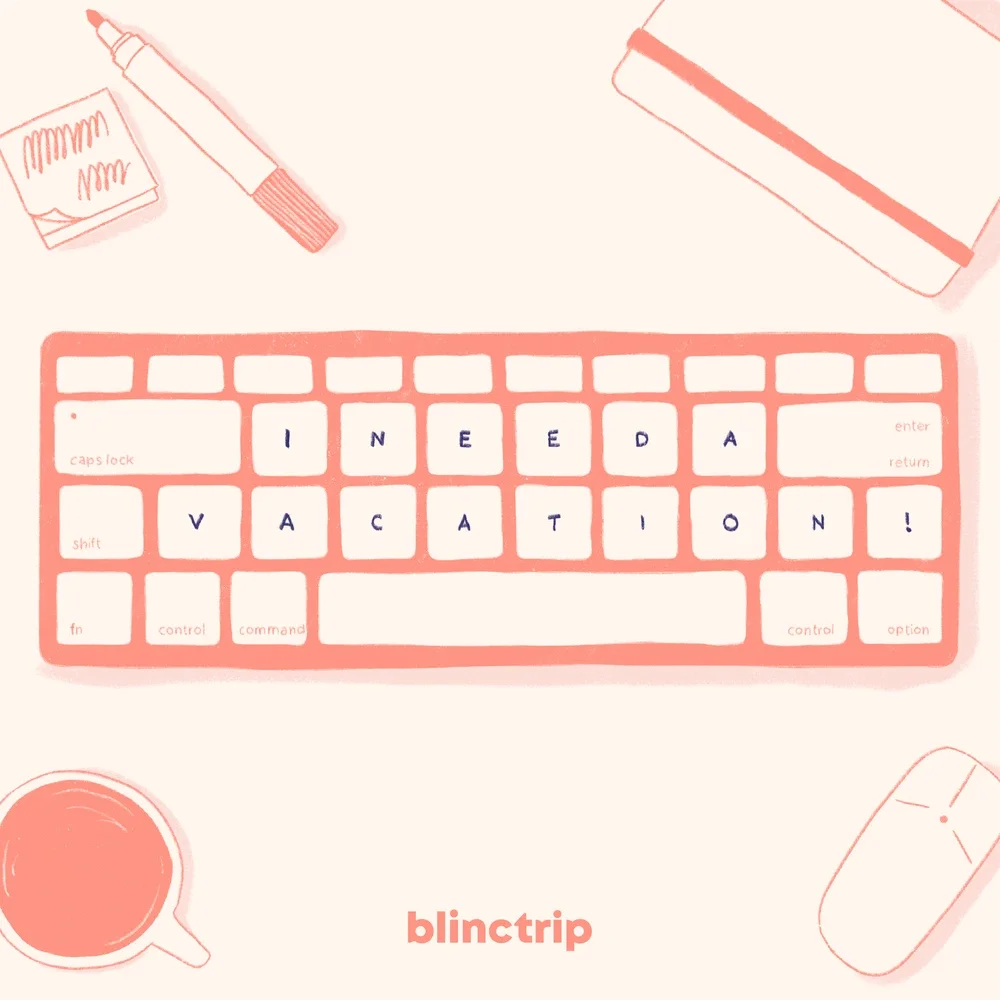 A digital illustration of a desk with a pink keyboard, a cup of coffee, a mouse, a pen, a notebook, and a small box, with the word 'blinctrip' at the bottom.