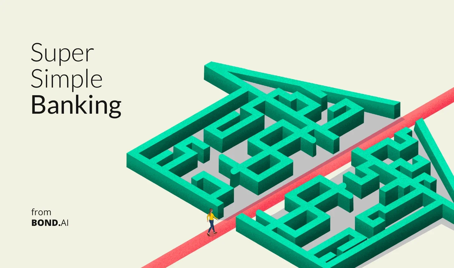 A person walking along a red path through a maze with the text 'Super Simple Banking' and 'from BOND.AI' shown on a light background.