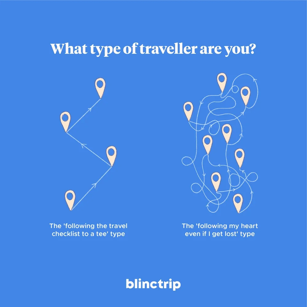 A blue infographic comparing two types of travelers, with two illustrations. The left shows a straight, linear travel route labeled 'The 'following the travel checklist to a tee' type,' and the right shows a tangled, looping route labeled 'The 'follo
