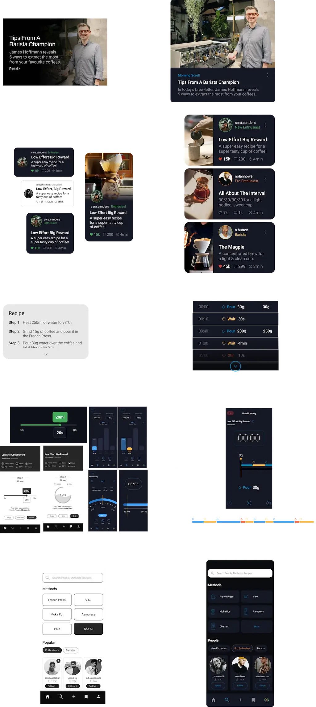A collage of screenshots and photos related to coffee brewing tutorials, recipes, and social media profiles of baristas and enthusiasts.