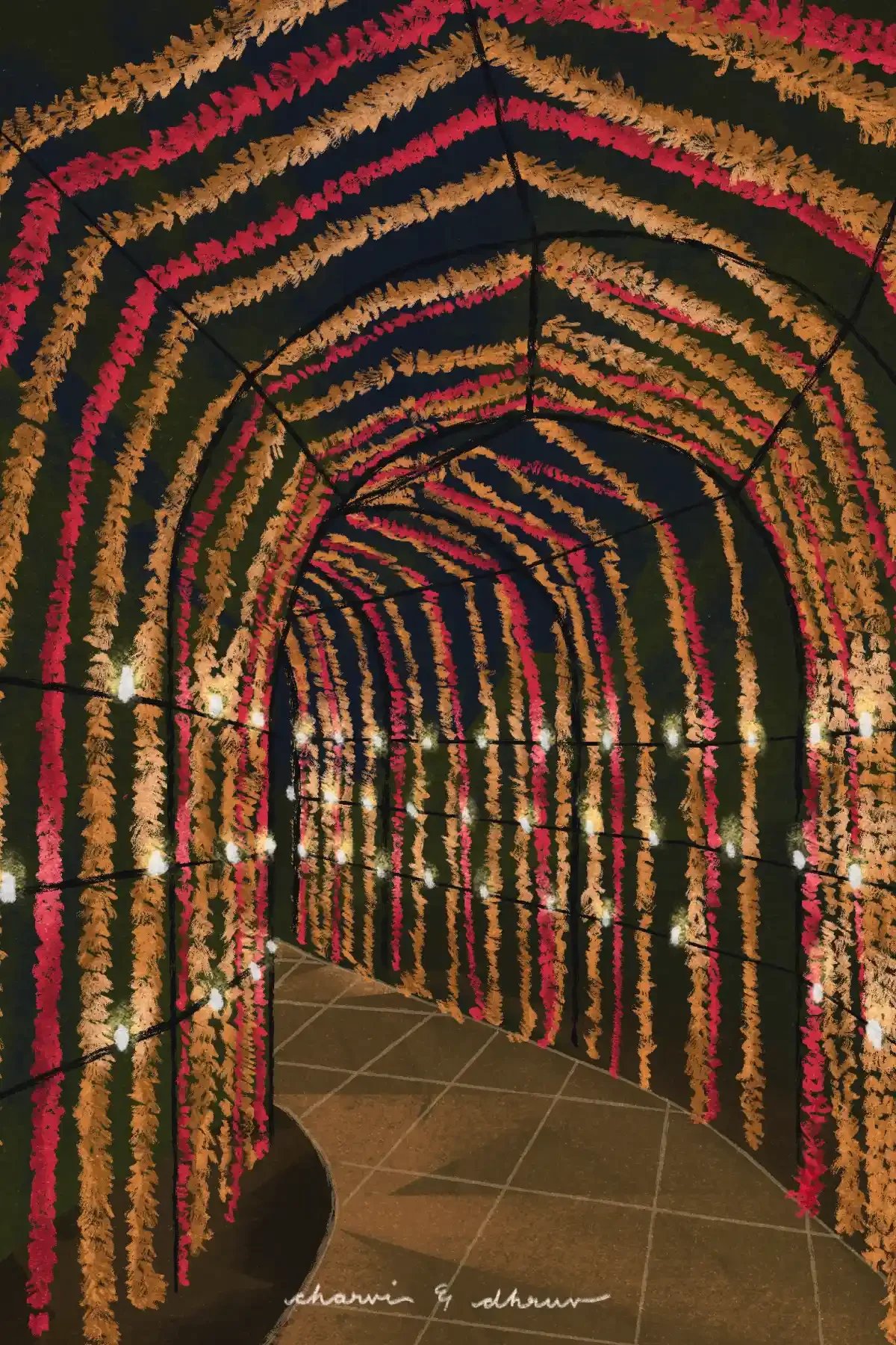 Decorative tunnel made of black framework with hanging pink and orange flower garlands and string lights illuminating the space.