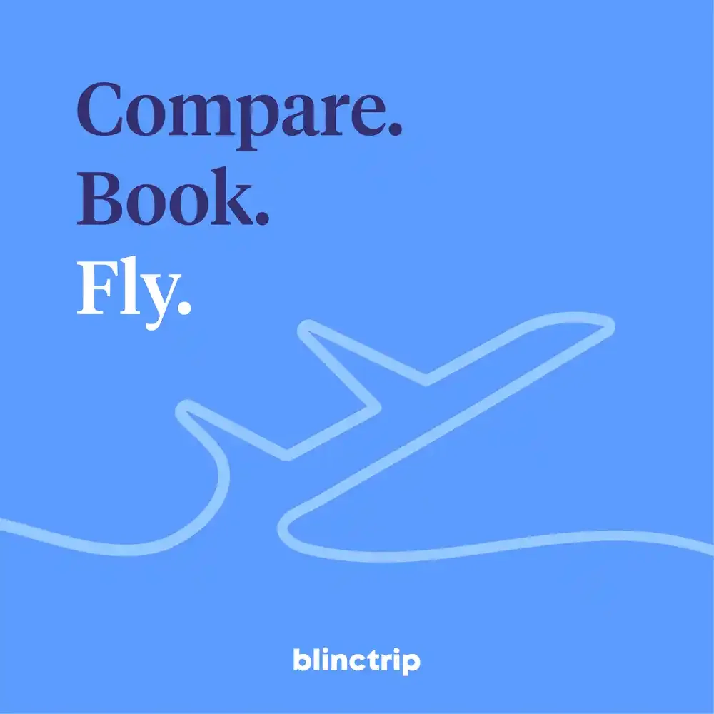 Blue background with the words "Compare. Book. Fly." in large text, and a light blue line drawing of an airplane.
