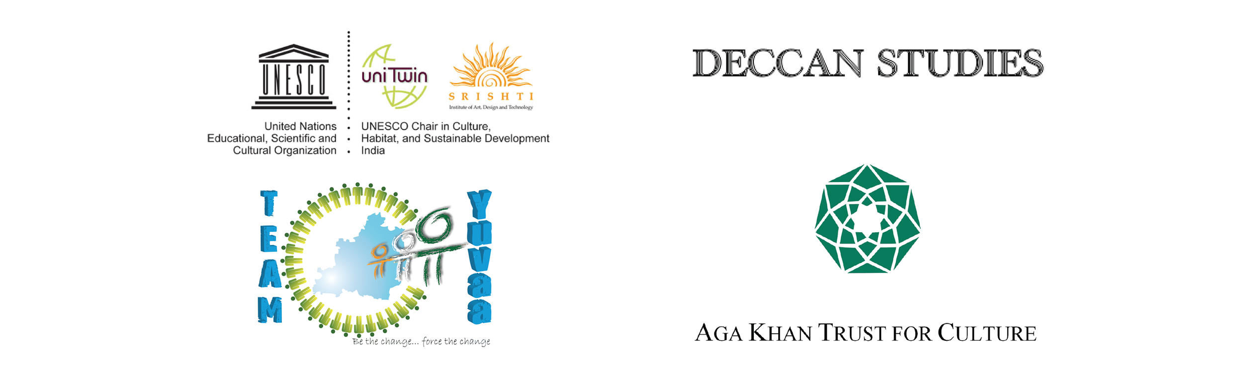 Logos of UNESCO, UNI TWIN, SRI SHTI, and Aga Khan Trust for Culture, along with text indicating their association with cultural, educational, and sustainable development initiatives in India.