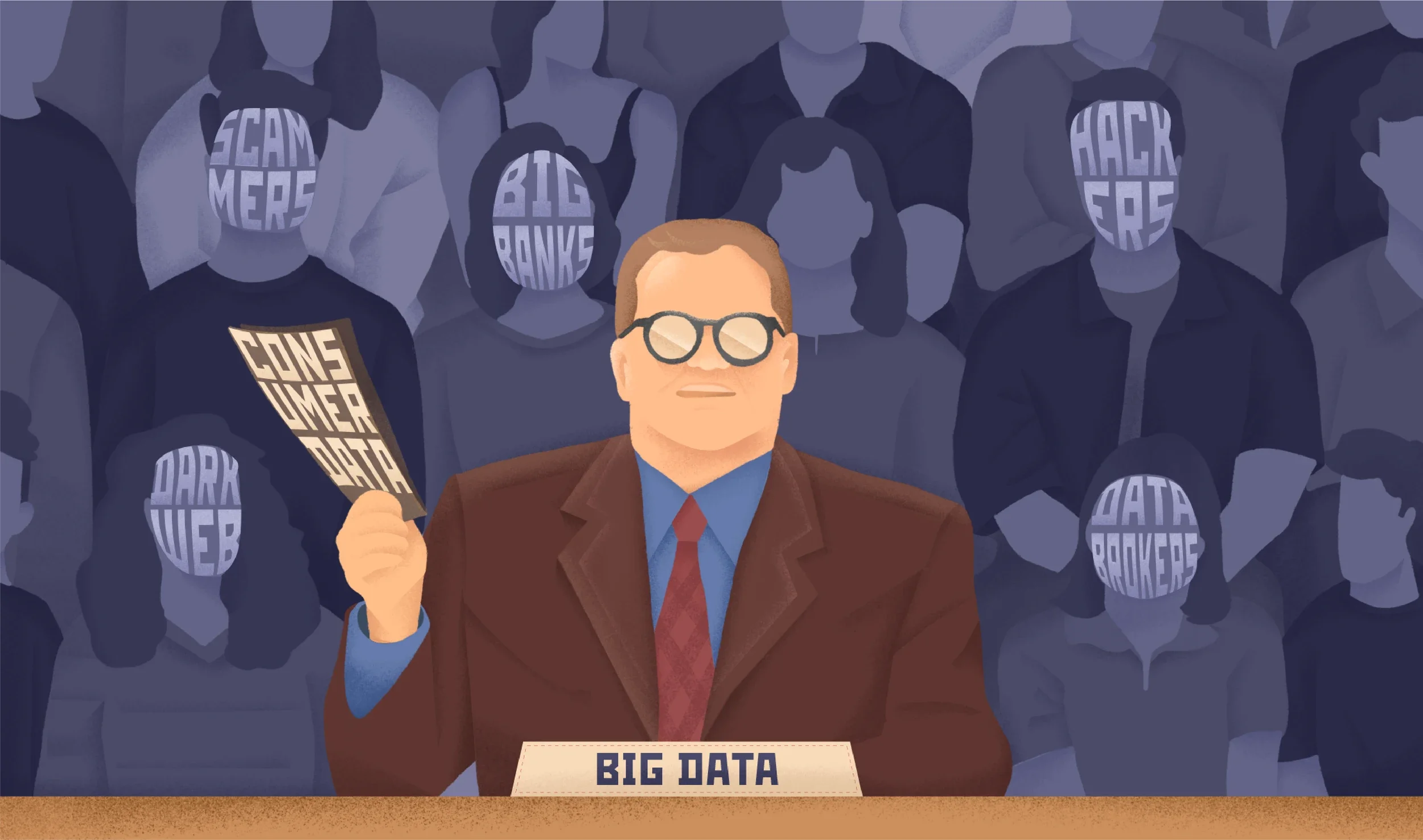 A cartoon image of a man in a brown suit and glasses sitting at a desk labeled 'Big Data'. He is holding a paper with 'CONE SUMER OSTA' on it, with a crowd of anonymous people in the background having words like 'SCAM', 'HACKERS', 'BIG BANG', 'DARK WEB', and 'DATA BREAKERS' on their faces.