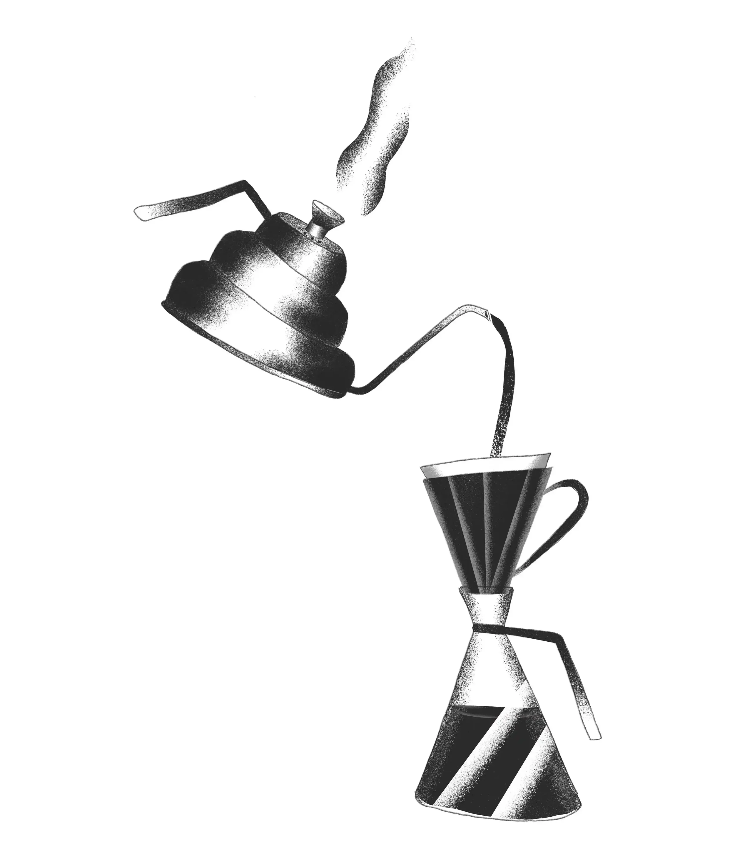 A black and white illustration of a stovetop espresso maker pouring coffee into a dripper with a handle, which is placed on top of a glass carafe.