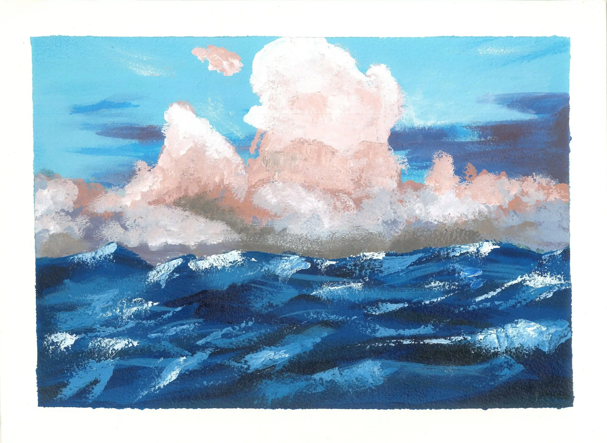 Painting of the ocean with deep blue waves and large pink and white cloud formation in the sky.