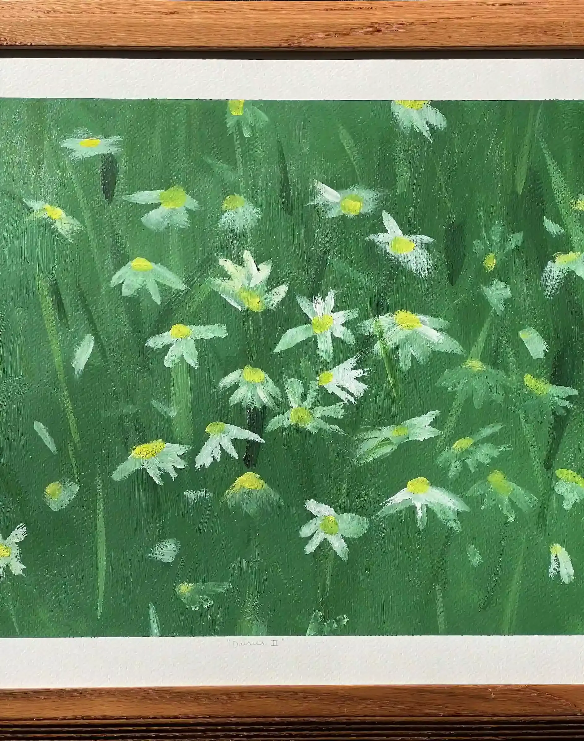 Painting of a field with white daisies with yellow centers and green grass.