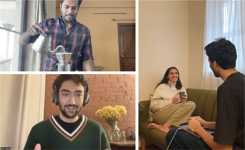 A split-screen image features three people in different indoor settings. The top left shows a man brewing coffee with a pour-over kettle in a bright kitchen. The bottom left depicts a man with headphones speaking and gesturing, standing in front of a brick wall with yellow flowers. The right side shows a woman sitting on a green sofa, smiling, holding a phone, and talking to a man sitting across from her.