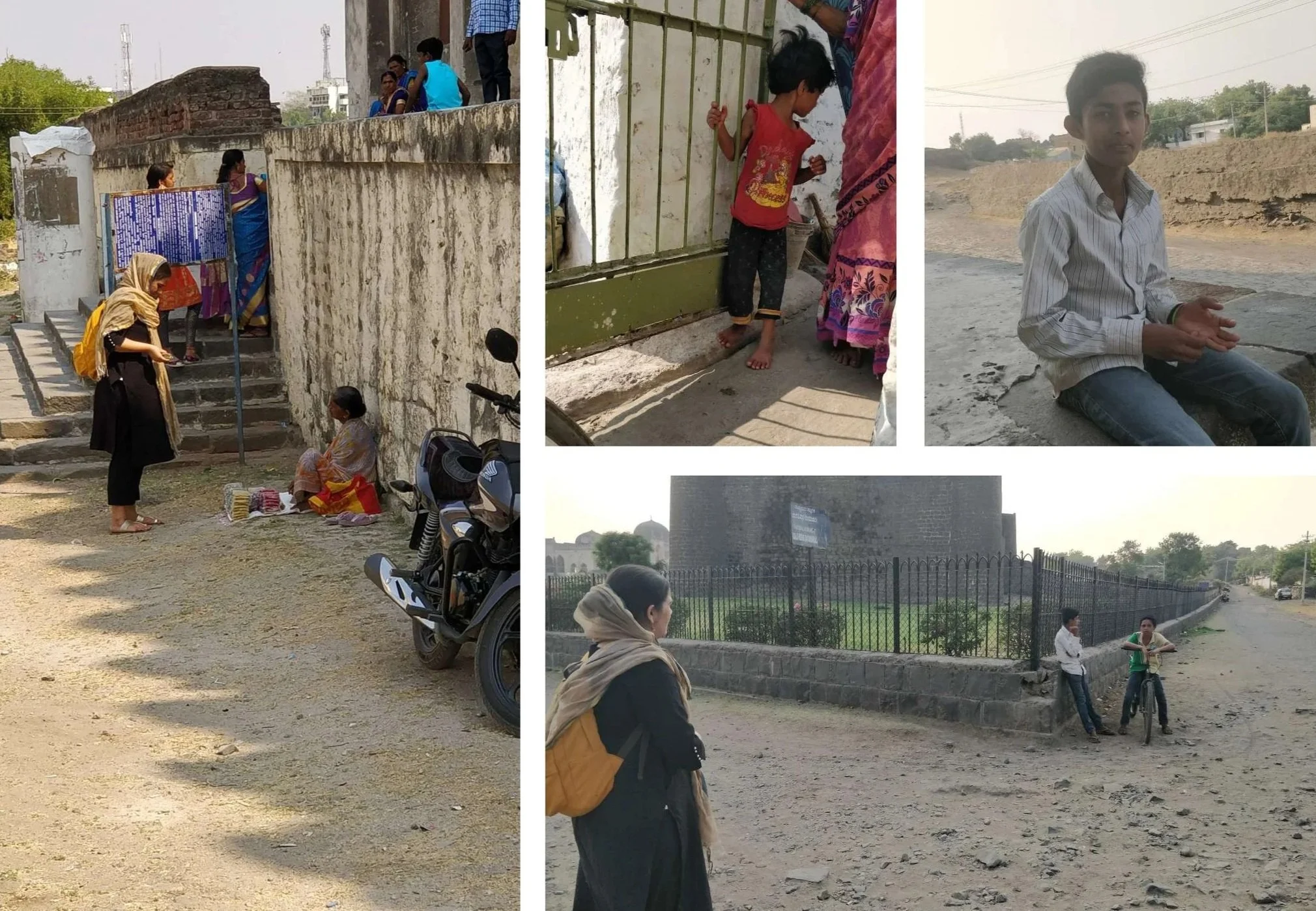 A collage of five outdoor scenes in an Indian neighborhood shows various people: a woman selling something on the street with another woman standing in front, two children walking past, a young boy sitting by a dirt road, and a woman looking at two boys talking near a cemetery