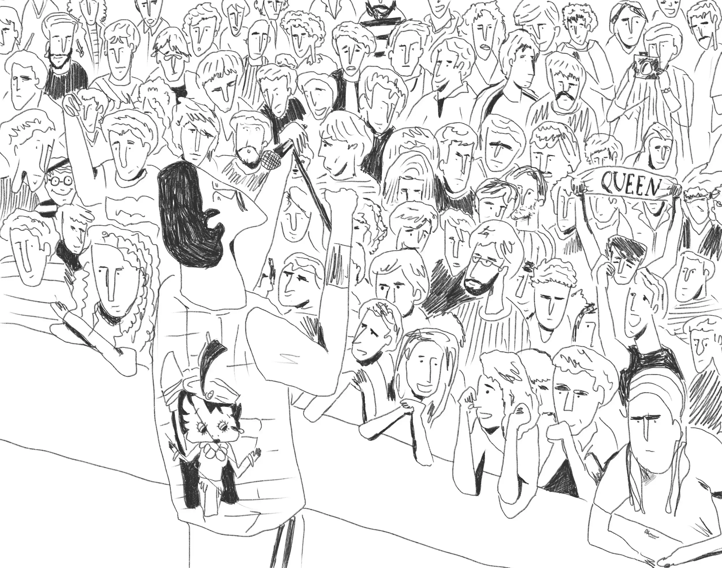 A woman with long dark hair is performing on stage with a microphone, addressing a large crowd of diverse people. A small cat plush toy is on the edge of a table nearby. The audience appears engaged, with some holding signs, including one that says 'QUEEN', and others making various facial expressions.