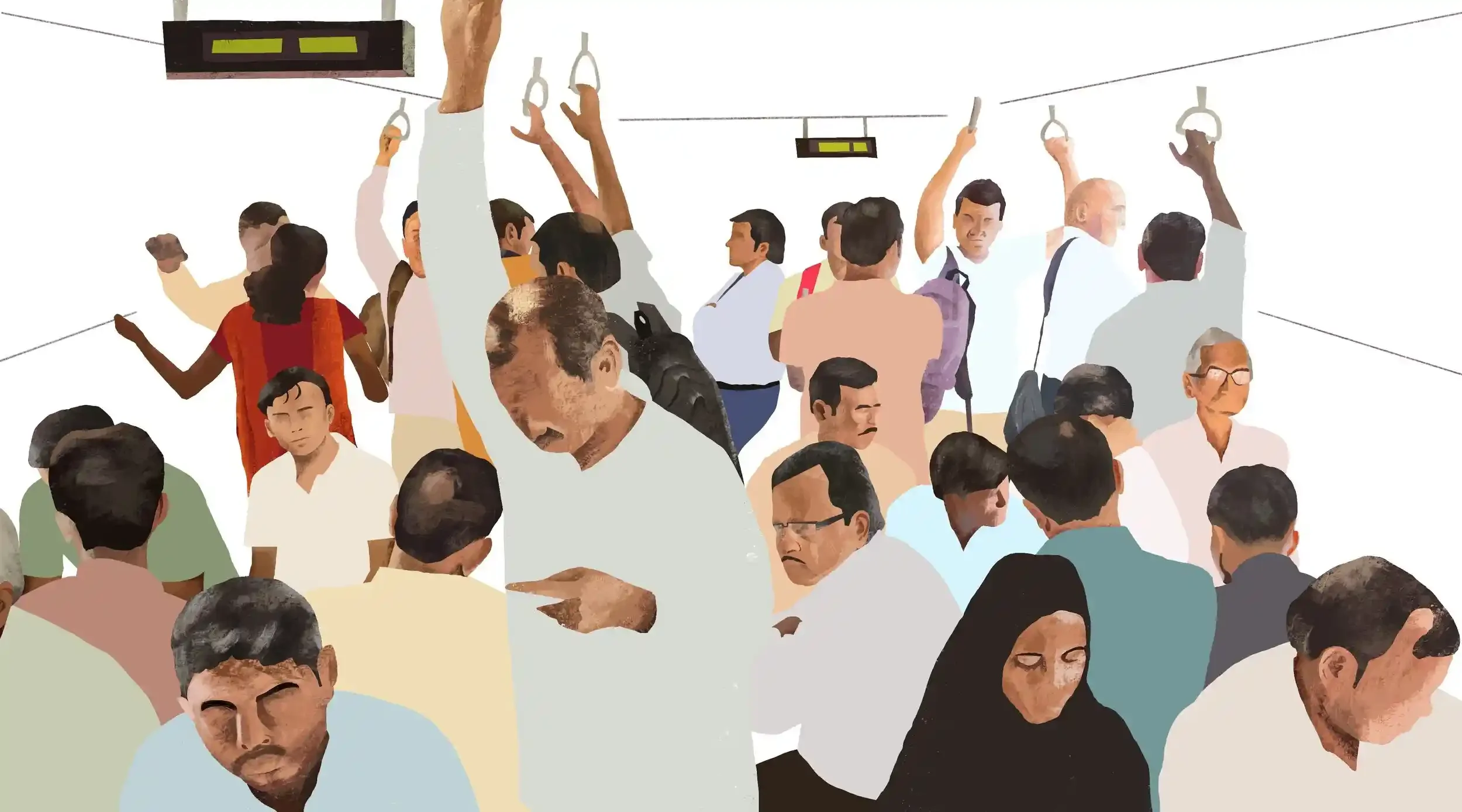 Illustration of a crowded public transportation with diverse passengers, some standing, sitting, and holding onto hand straps, with a digital display above.