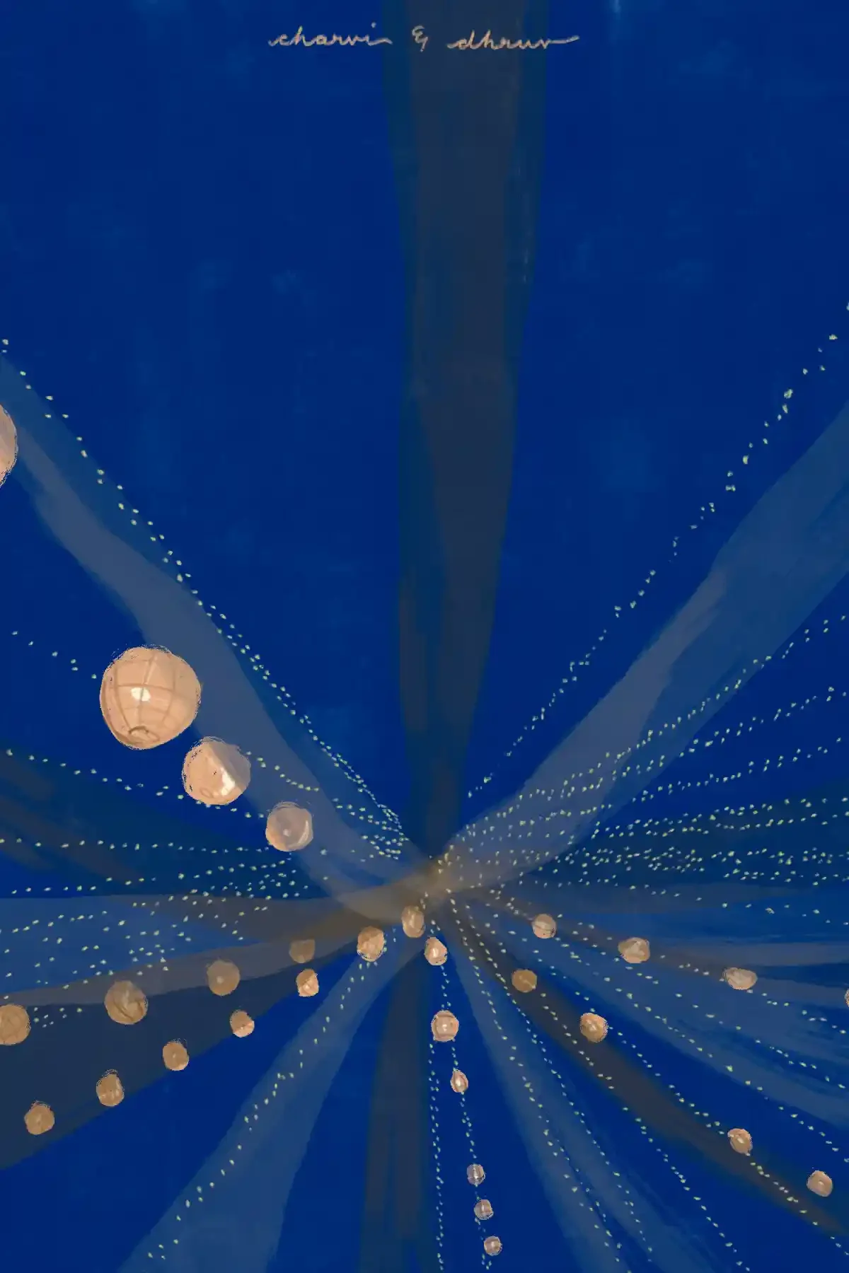 Ceiling decorated with hanging paper lanterns and strings of small lights, with handwritten phrase "charms & charms" at the top.