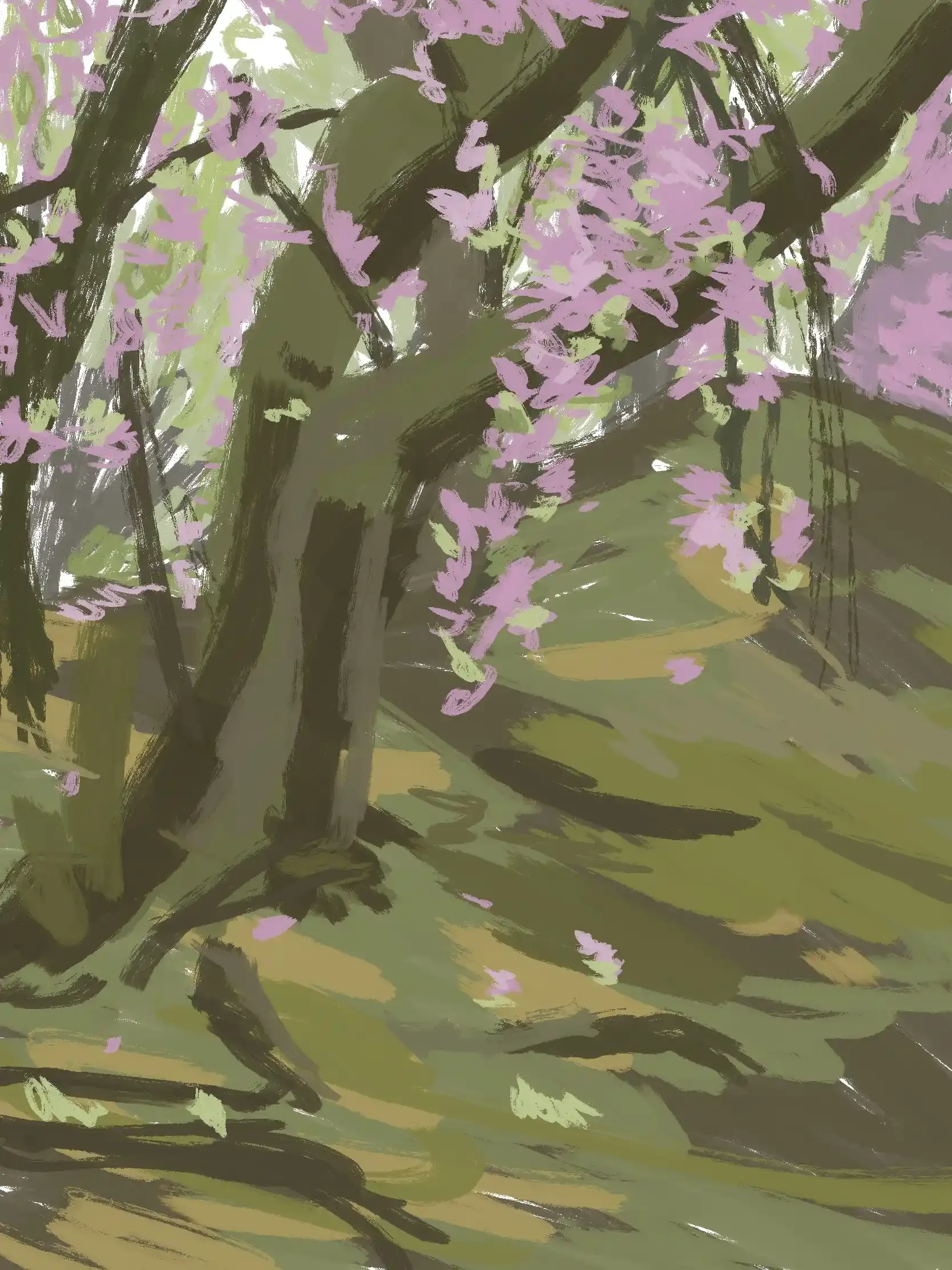 Painting of a tree with purple and light green flowers and green foliage.