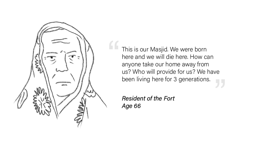 A line drawing of a person wearing a headscarf, accompanied by a quote about their home being a mosque, living there for three generations, and being a resident of the fort at age 66.