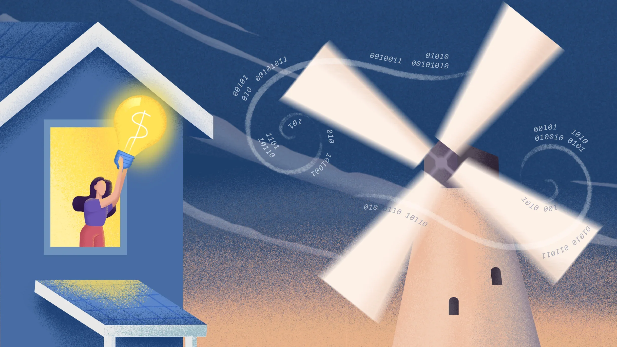 A woman standing in a house holding a glowing light bulb with a dollar sign, with a windmill turning in the background and binary code swirling around.