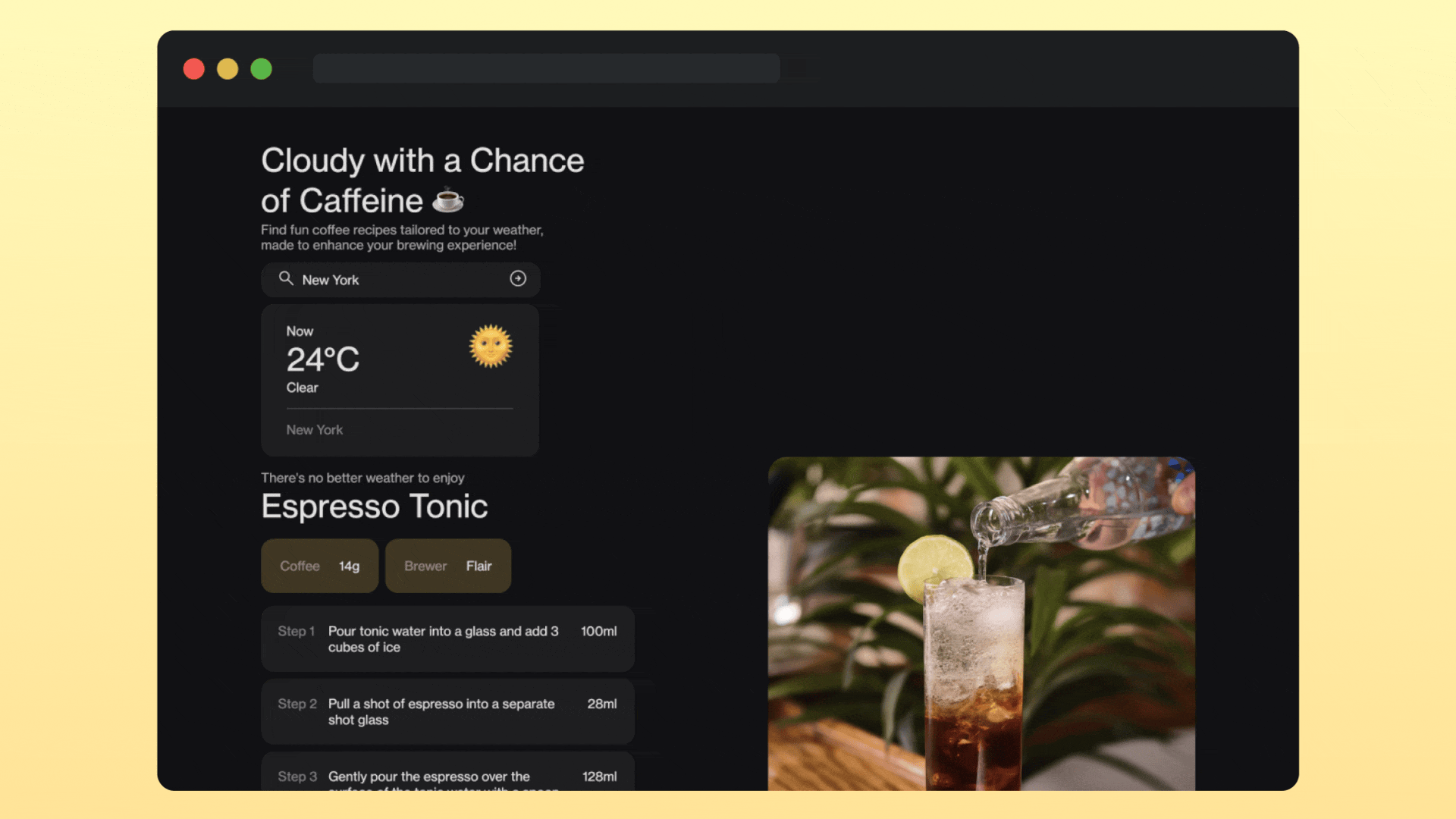 Screenshot of a recipe website titled "Cloudy with a Chance of Caffeine" showing a weather widget with 24°C and sunny weather in New York, and a recipe for an espresso tonic with ice, lime, and a hand pouring tonic water into a glass, with steps for making the drink.