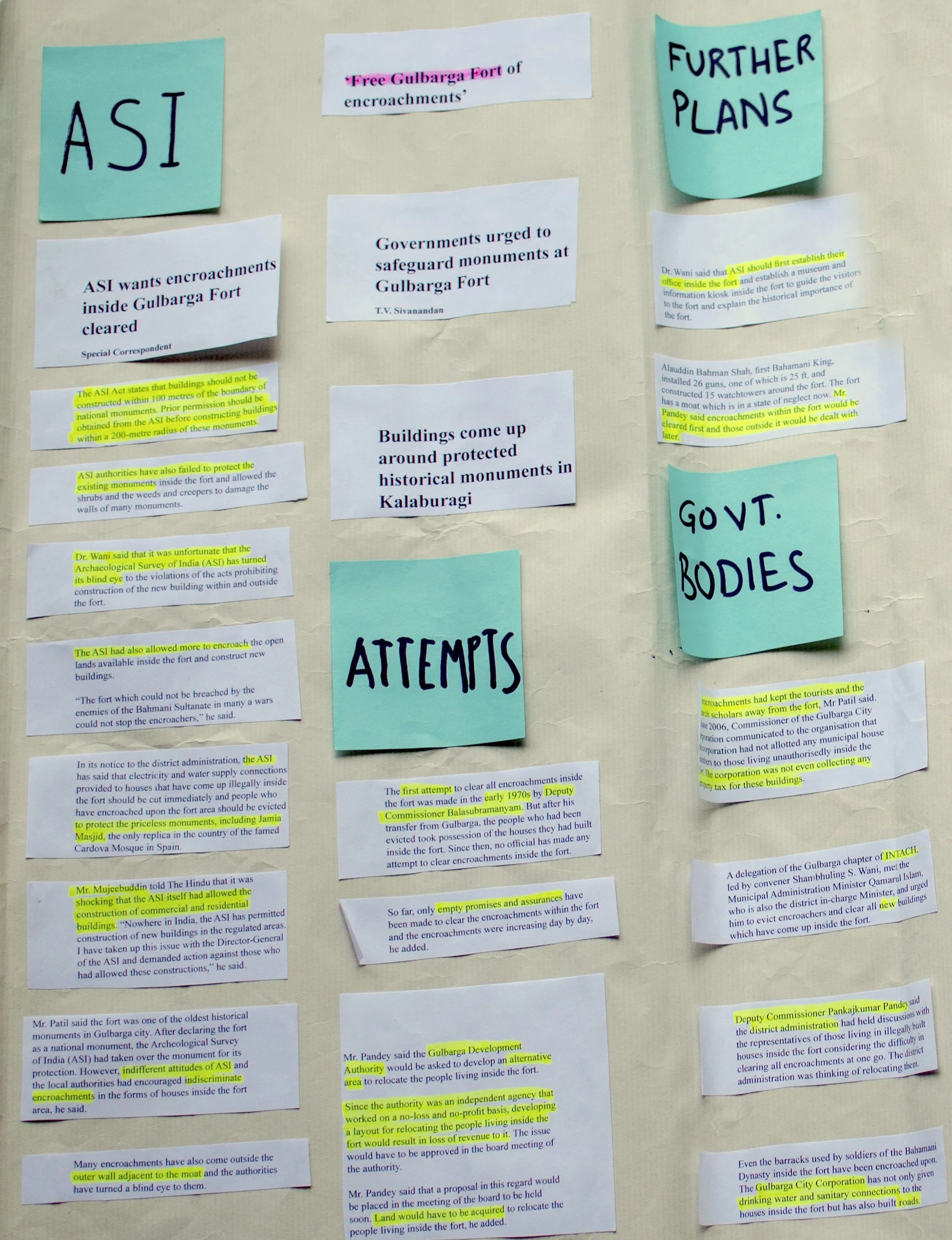 A collage of laminated and paper notes about the archaeological and historic preservation efforts at Gulbarga Fort, with headlines like 'ASI,' 'Further Plans,' 'Govt. Bodies,' and 'Attempts,' featuring highlighted texts on issues like encroachments, government regulations, and development proposals.