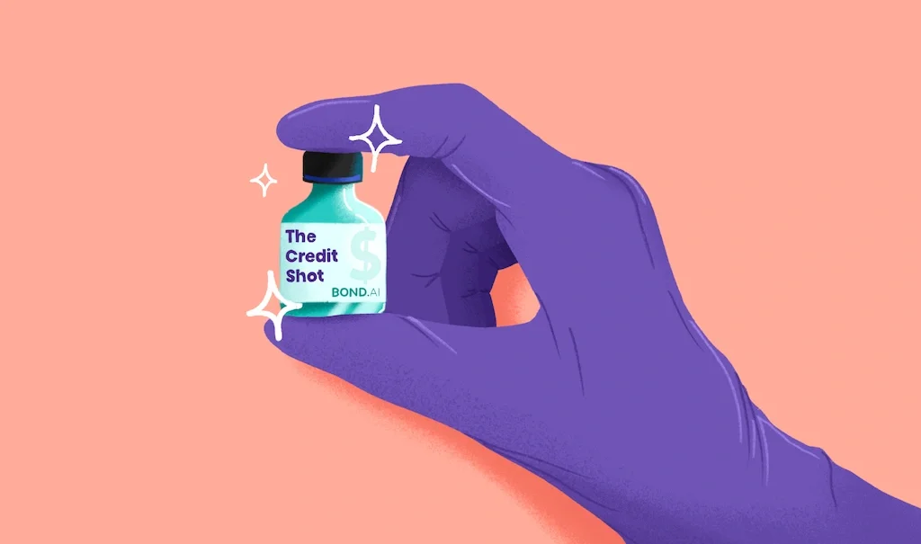 A hand wearing purple gloves holding a small vial labeled 'The Credit Shot' with a dollar sign and 'BOND.AI' on a pink background.