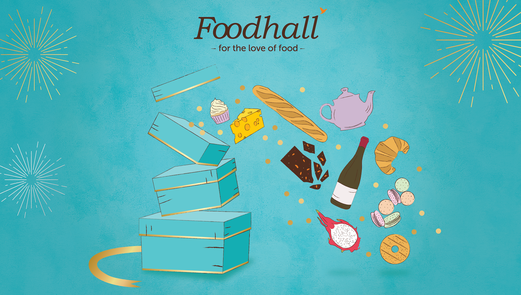 Illustration of an open blue gift box with floating food items including cheese, cupcakes, a baguette, a teapot, chocolates, wine, macarons, and a donut, set against a light blue background with fireworks.