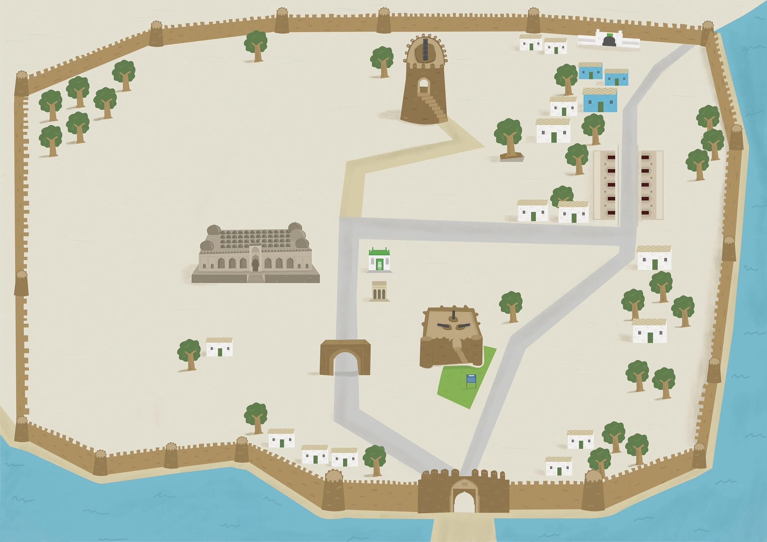 A map of an ancient city with walls, gates, towers, trees, buildings, and water around the perimeter.