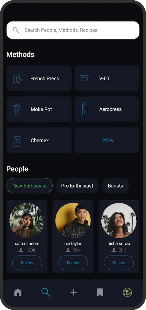 A mobile app interface displaying cooking methods such as French Press, V-60, Moka Pot, Aeropress, and Chemex. It also features categories for people like New Enthusiast, Pro Enthusiast, and Barista, with sample user profiles and follow buttons.