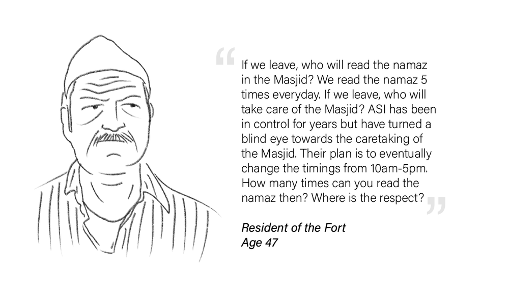 Line drawing of a man with a mustache and wearing a cap, accompanied by a quote about the disrespect of changing mosque prayer times and questions about reading the namaz. The quote is signed by a resident of the Fort, aged 47.