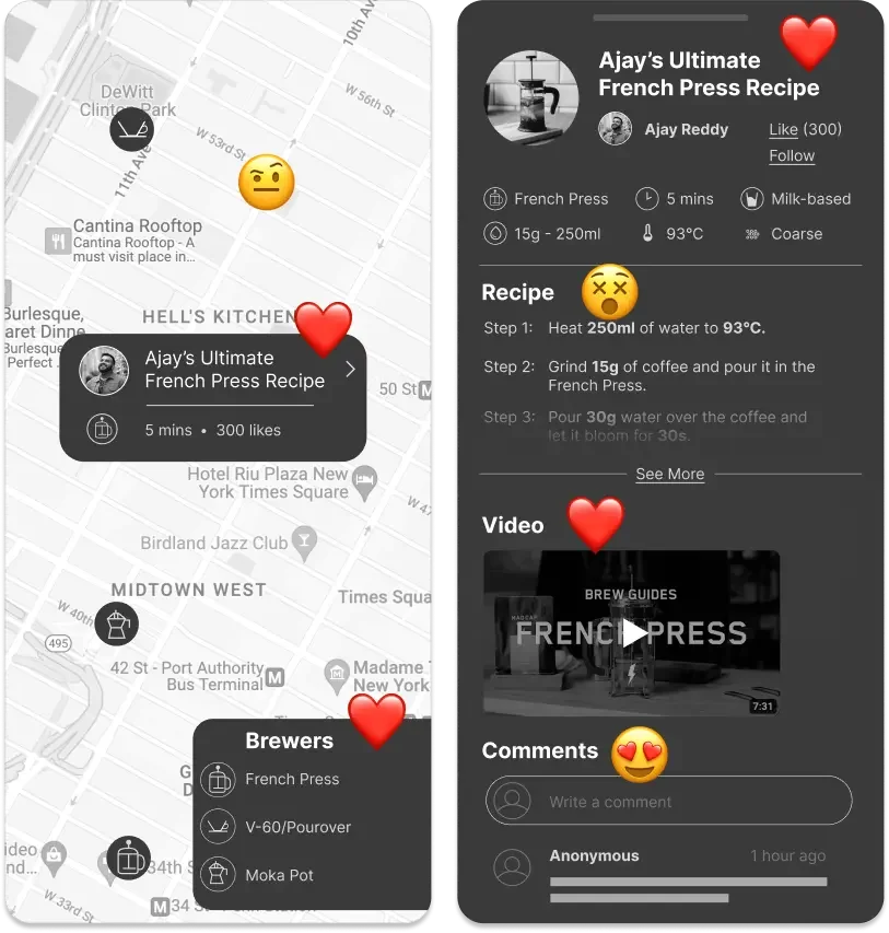 Map with emoji icons and a black recipe card showing a French press coffee recipe, video, comments, and details about a French press brewing method.