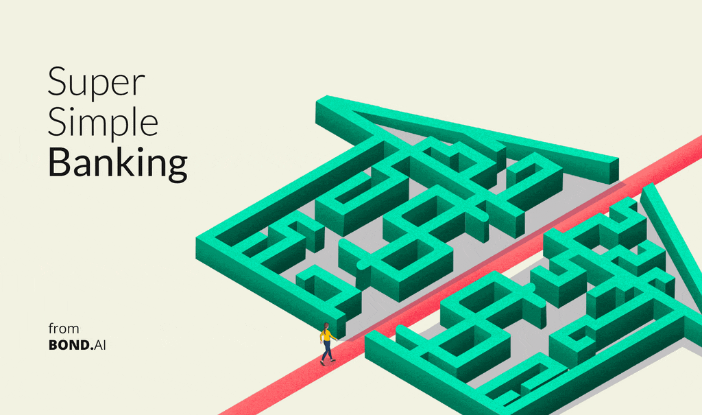 Illustration of a person walking on a pink path through a 3D maze, with the text 'Super Simple Banking' and 'from BOND.AI' in the upper left corner.