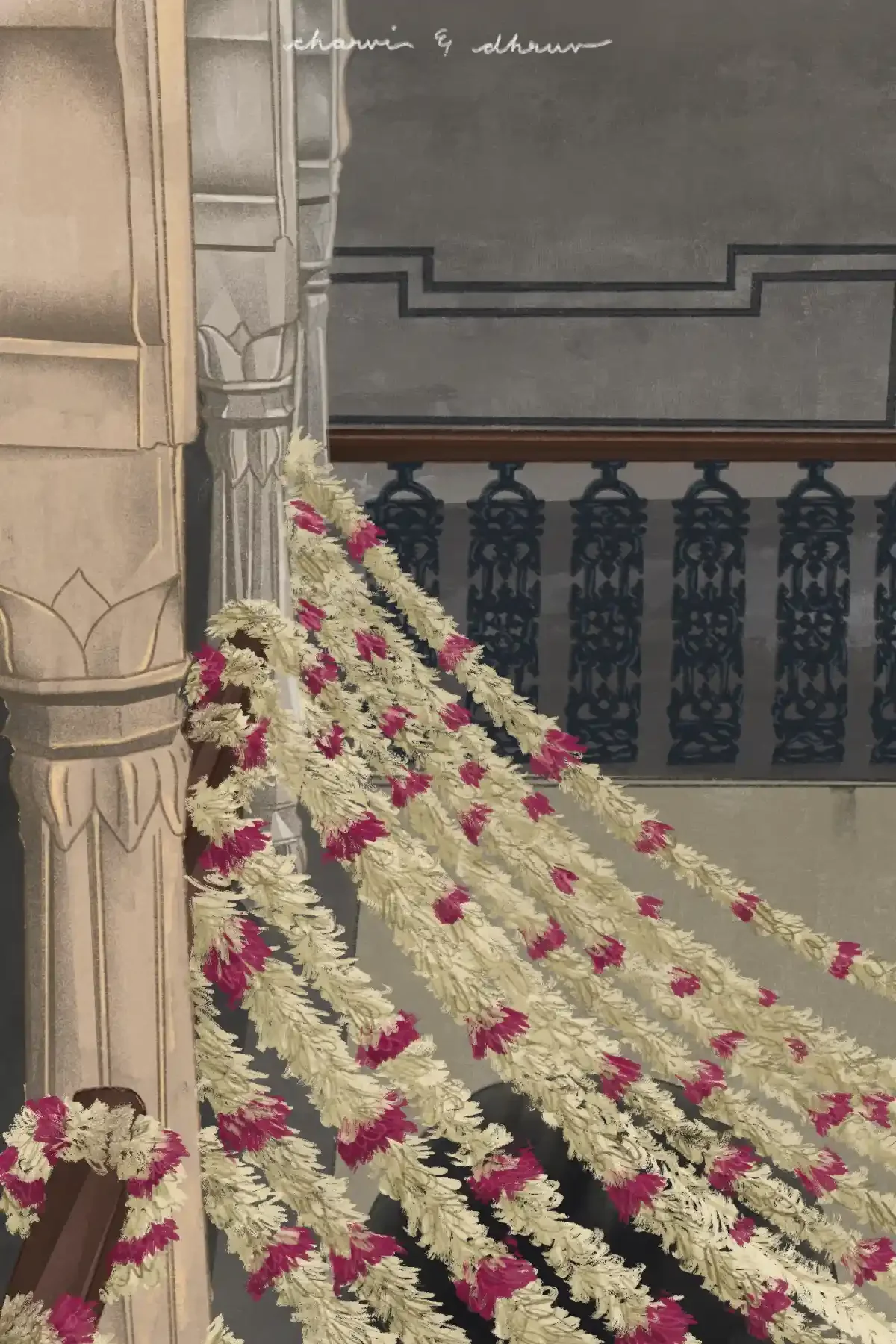 Decorated staircase with floral arrangements of cream and pink flowers hanging over the railing.