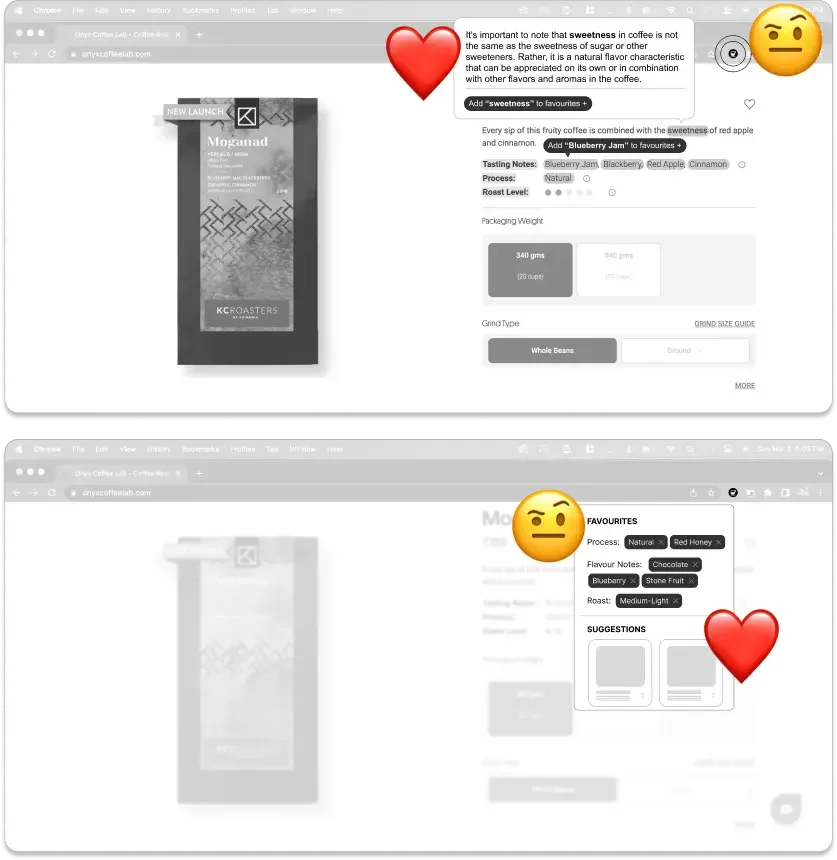 Screenshots of coffee product pages from onyxcoffeelab.com. The first shows a black and white coffee package labeled "Mogramad" with details about the roast and packaging weight. The second shows a coffee customization interface with options for process, flavor notes, roast, and suggestions, displaying a preferred blend with chocolate, blueberry, stone fruit, and medium-light roast.