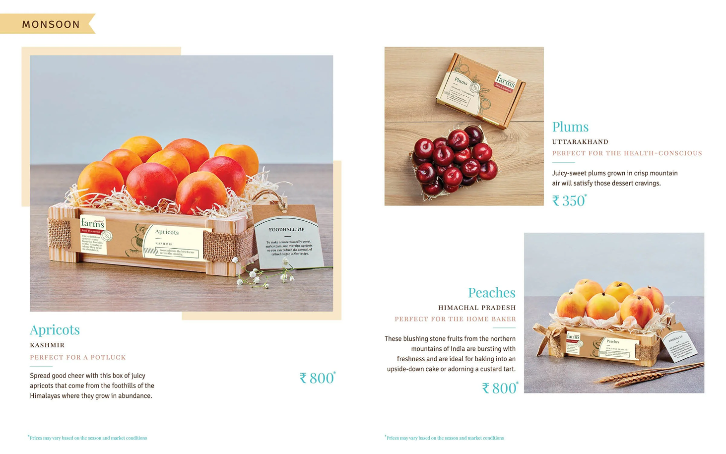 A catalog page featuring fresh produce, including a box of apricots, a bunch of red plums, and a box of peaches, with descriptions and prices for each.