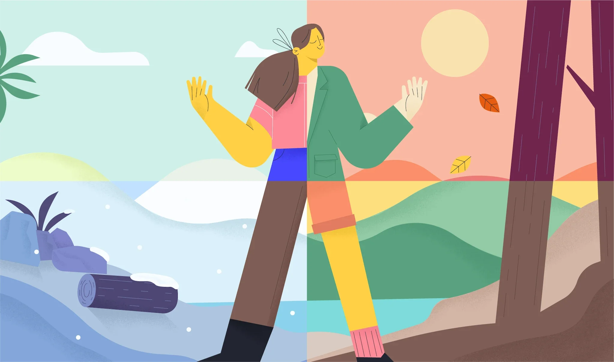 A stylized split illustration of a person in different seasons: winter on the left with snow, a log, and a plant; sunny spring or summer in the middle with hills and a bright sun; autumn on the right with falling leaves and trees.