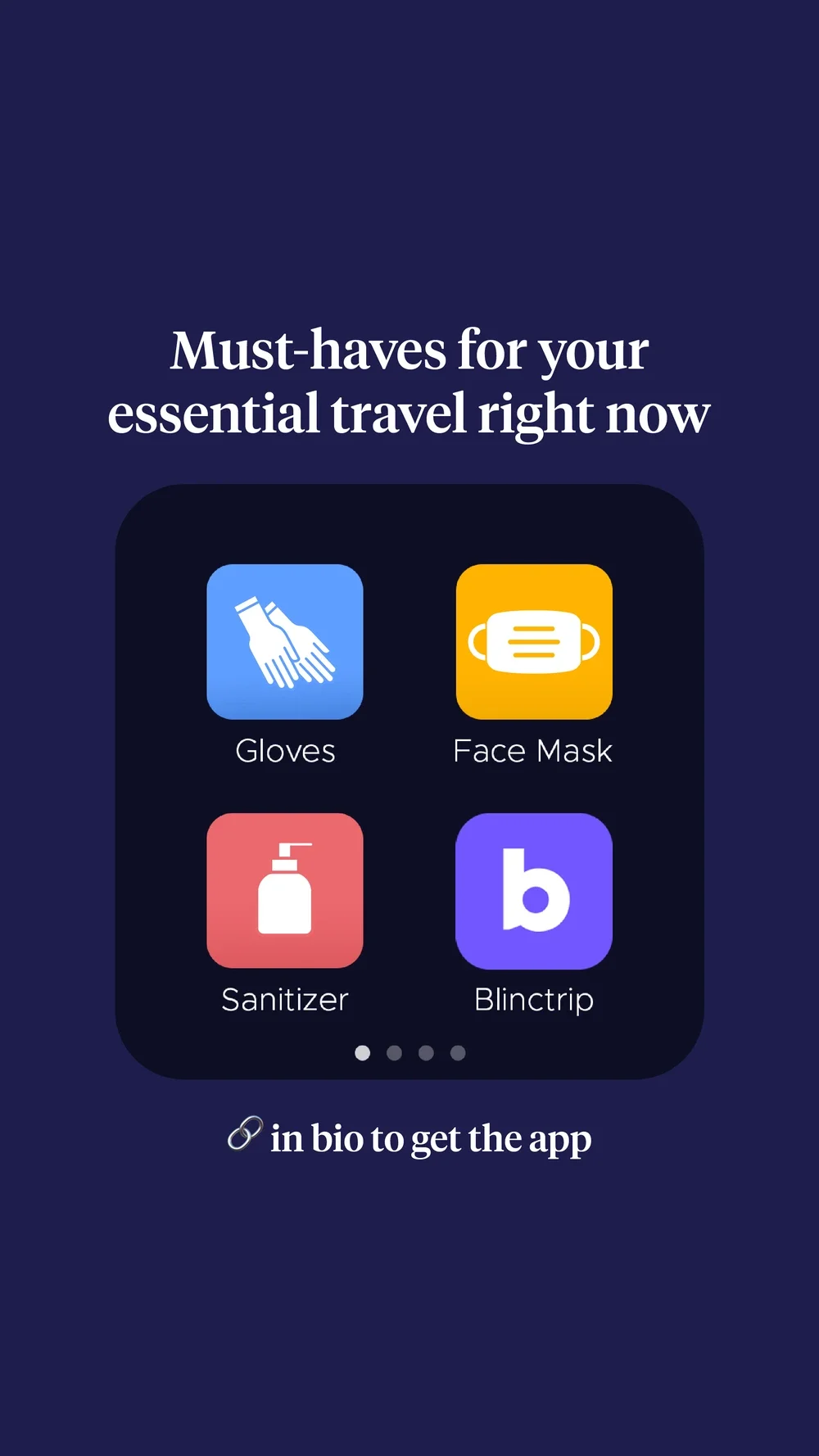 An advertisement listing essential travel items: gloves, face mask, sanitizer, and Blindtrip app, with a note to get the app from bio.