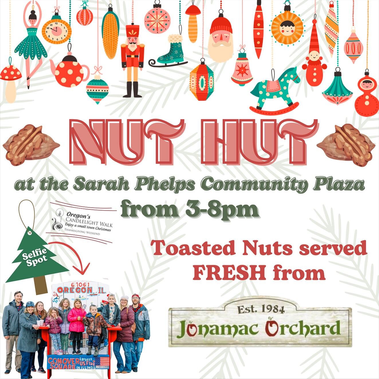 Be sure to stop by the Sarah Phelps Community Plaza and get your toasted nuts from @jonamacorchard and take your Holiday Card photos in the giant beach chair! 

#candlelightwalk #smalltownchristmas #christmas #illinois #christmasmagic #christmascount