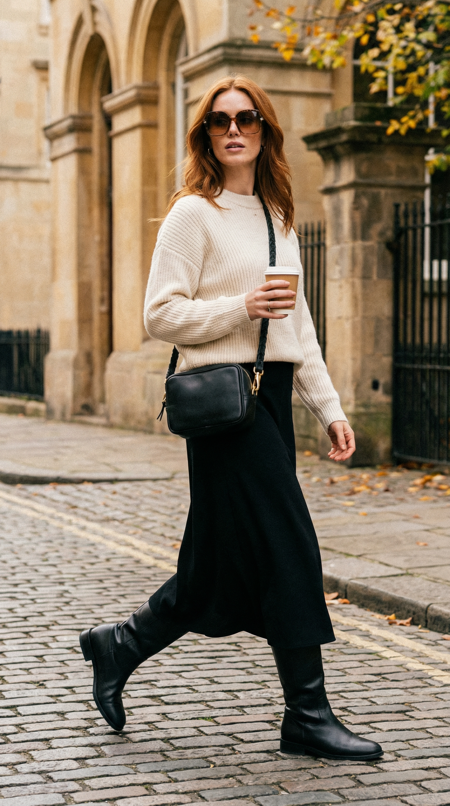 A woman with red hair wearing sunglasses, a beige sweater, a long black skirt, and black boots, walking on a cobblestone street while holding a coffee cup.