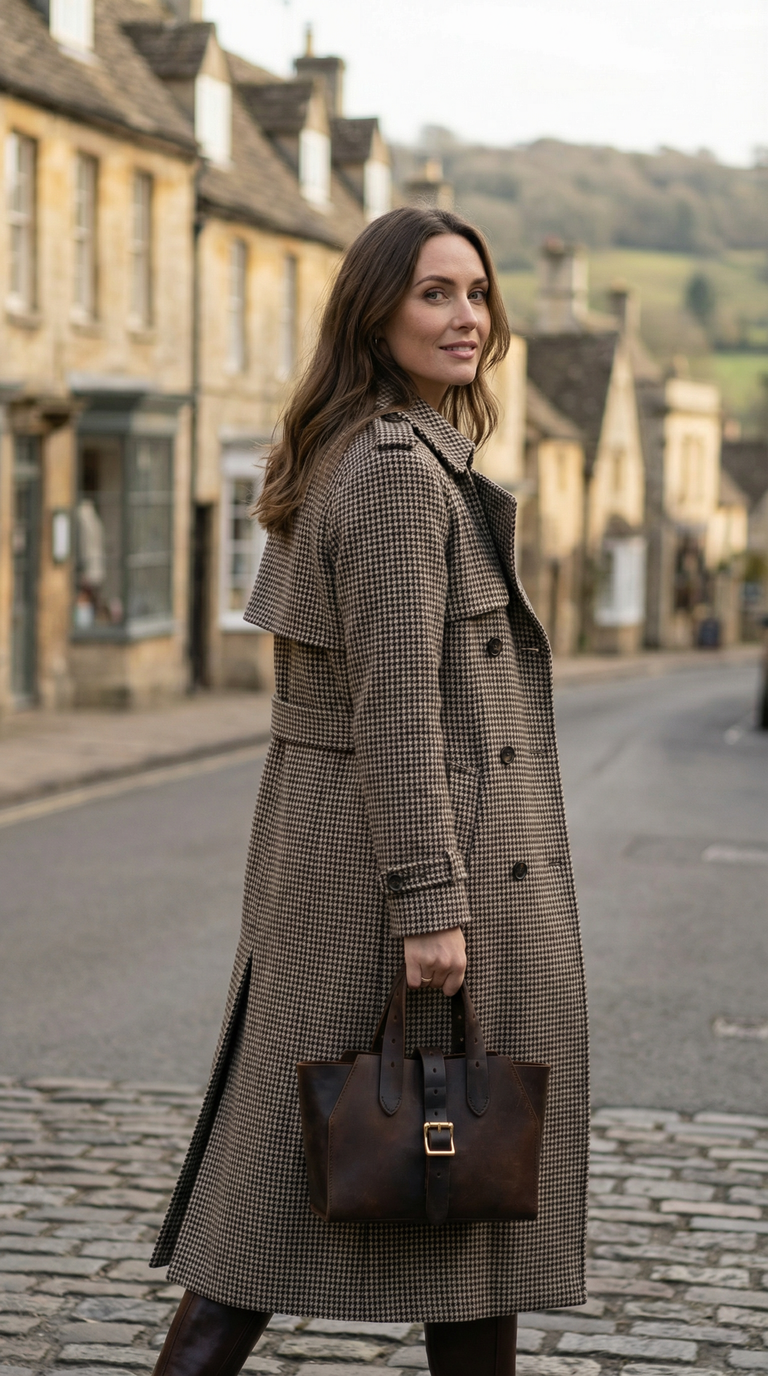 A woman in a long plaid coat holding a brown handbag stands on a cobblestone street with stone buildings in the background.